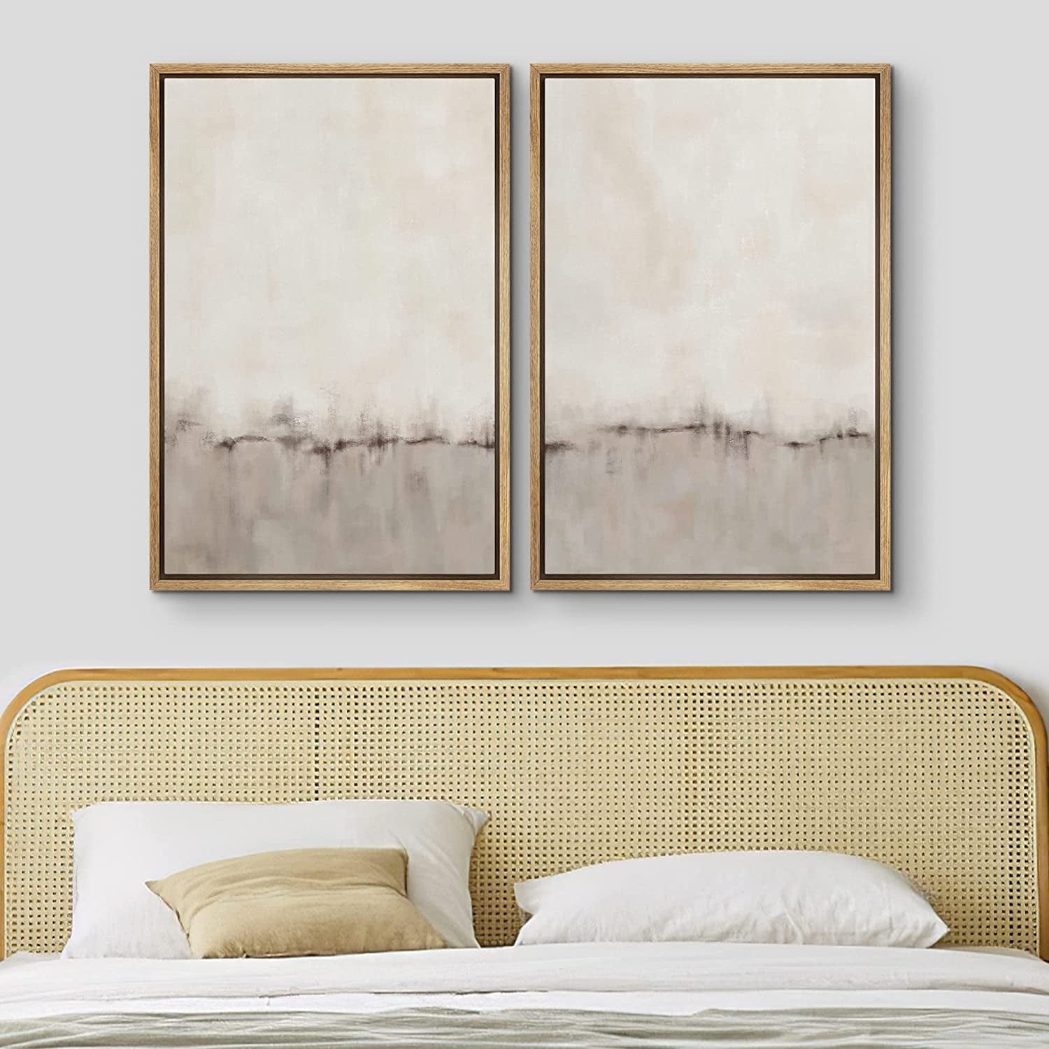 IDEA4WALL Framed Canvas Print Wall Art Set of 2 Watercolor Pastel Duotone Tan Landscape Abstract Modern Art Multicolor Contemporary Artwork for Bedroom, Office - 16"x24"x2 Panels Natural