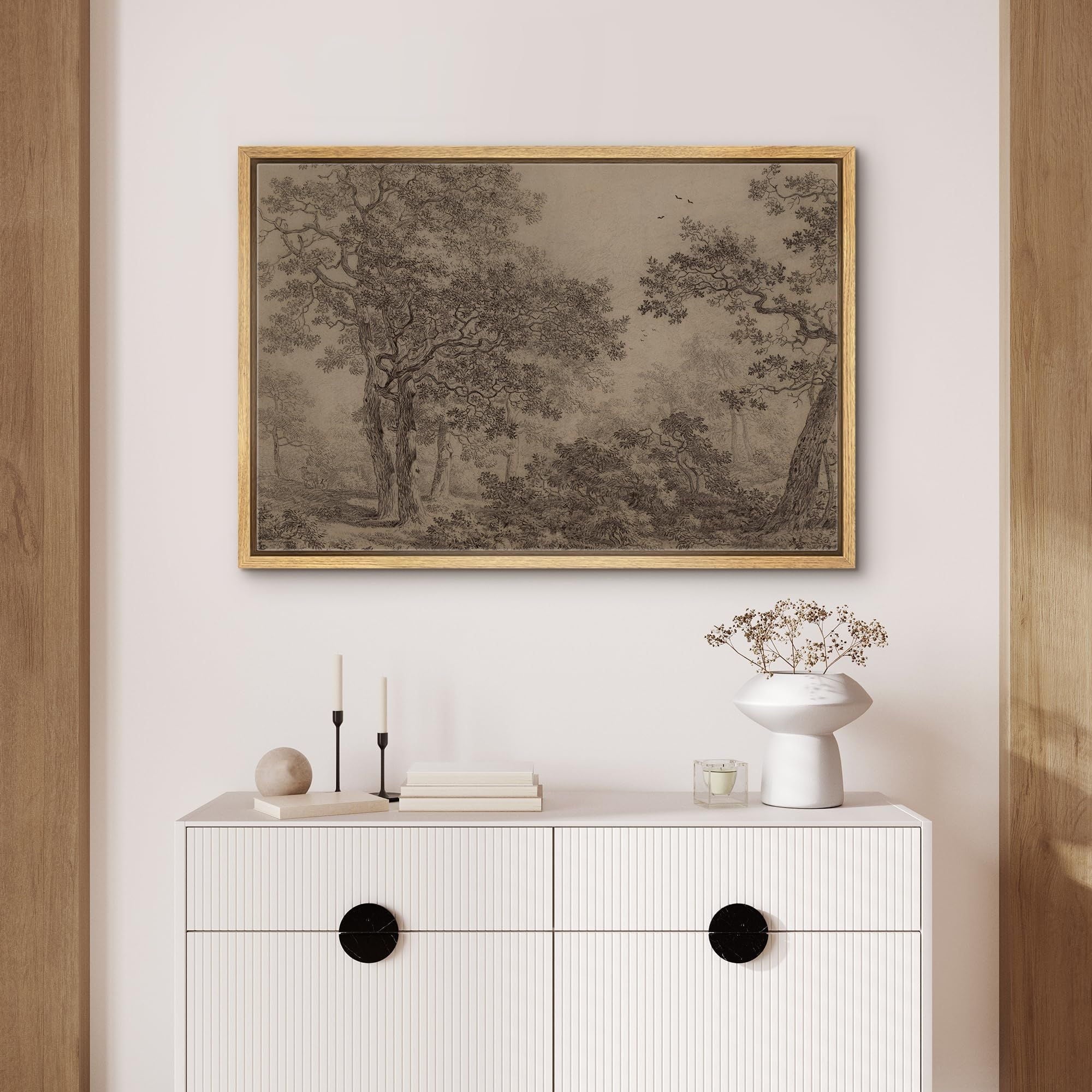 IDEA4WALL Framed Canvas Wall Art Retro Majestic Oak Tree Drawing Detailed Illustrations Black & White Nature Forest Elegant Vintage Print Wall Decor for Living Room, Office -