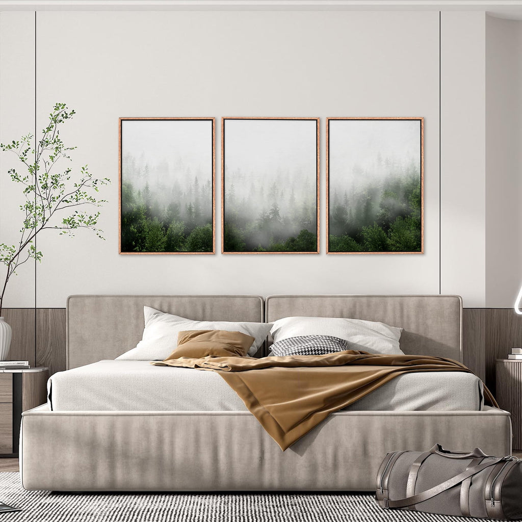 Misty Green Forest Framed Canvas Wall Art Set, Nature Scenery Modern Wall Decor, Foggy Mountain Wall Painting, Woodland Landscape Nursery Art Print for Living Room, Bedroom, Office - 16"x24"x3
