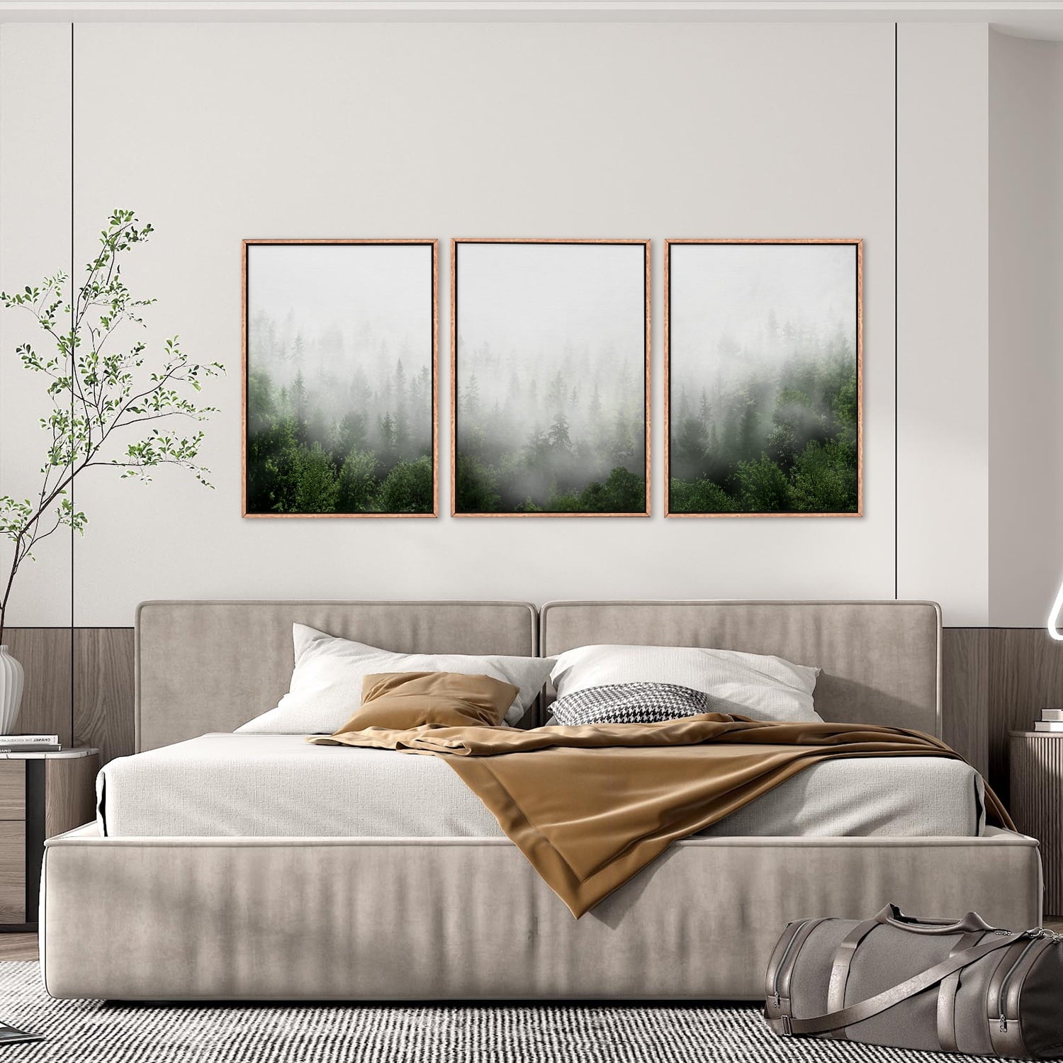 Misty Green Forest Framed Canvas Wall Art Set, Nature Scenery Modern Wall Decor, Foggy Mountain Wall Painting, Woodland Landscape Nursery Art Print for Living Room, Bedroom, Office - 16"x24"x3