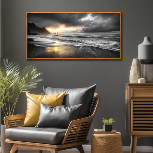 Abstract Coastal Sunset Canvas Wall Art for Living Room, Black and White Wall-Decor for Bedroom, Seaside Landscape Home Decor for Hallway Office, Size 40 x 20 Inches Framed