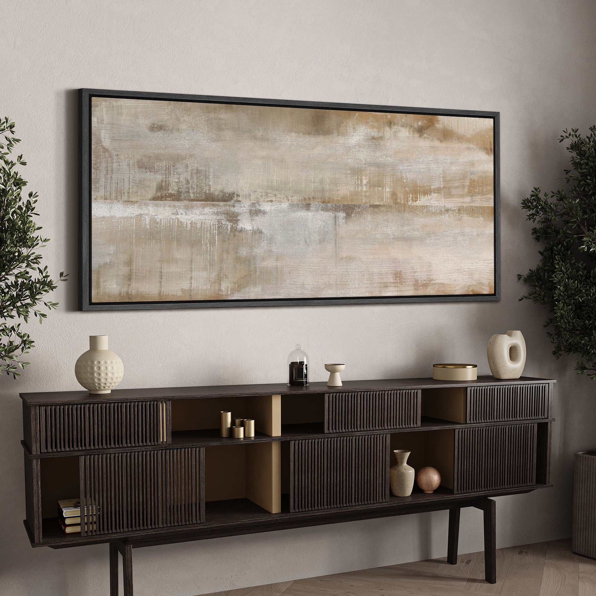 Large Framed Canvas Print Neutral Beige and White Textured with a Weathered LookWall Art Decorative Ready to Hang Painting for Living room Bedroom 60x30 inches Black Frame