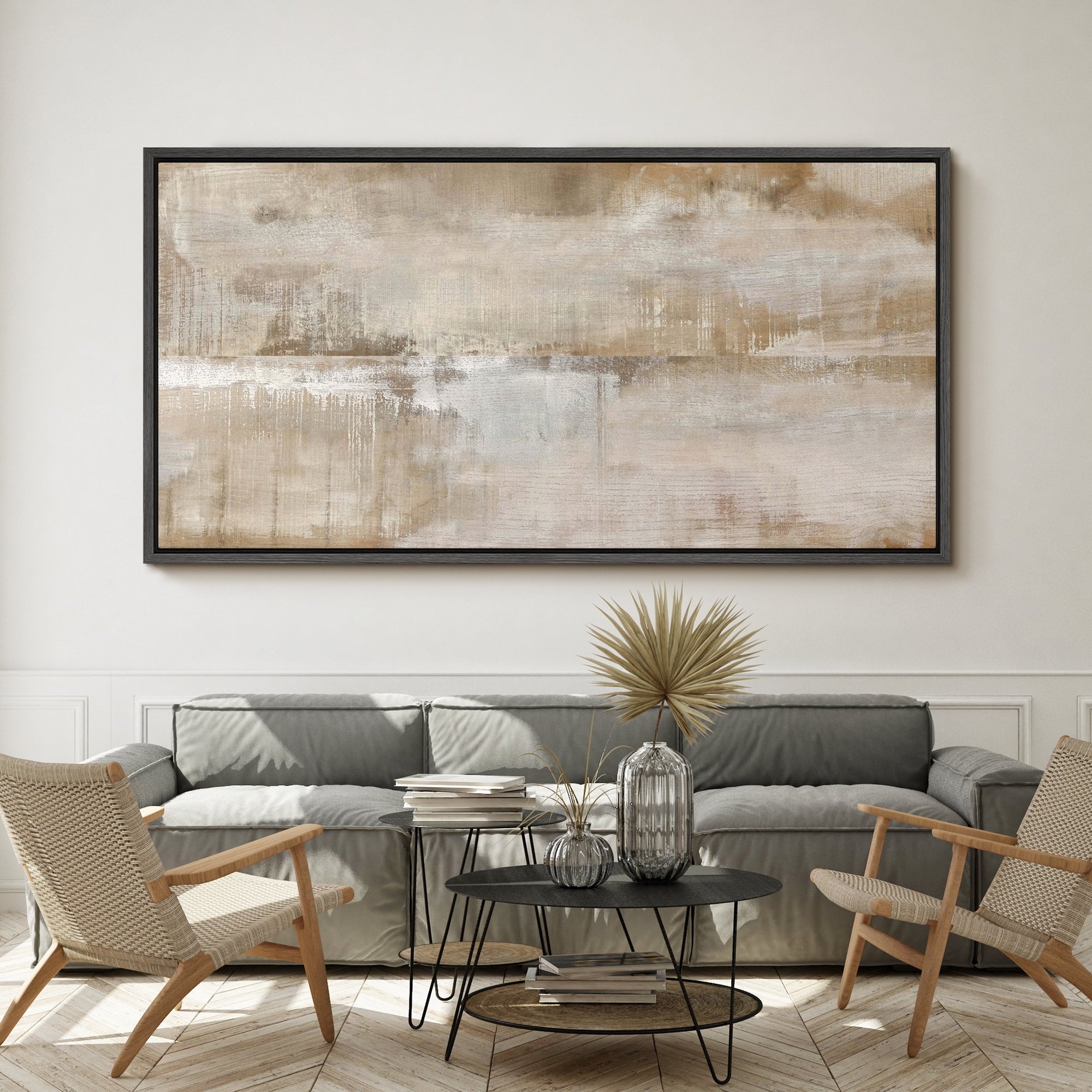 Large Framed Canvas Print Neutral Beige and White Textured with a Weathered LookWall Art Decorative Ready to Hang Painting for Living room Bedroom 60x30 inches Black Frame
