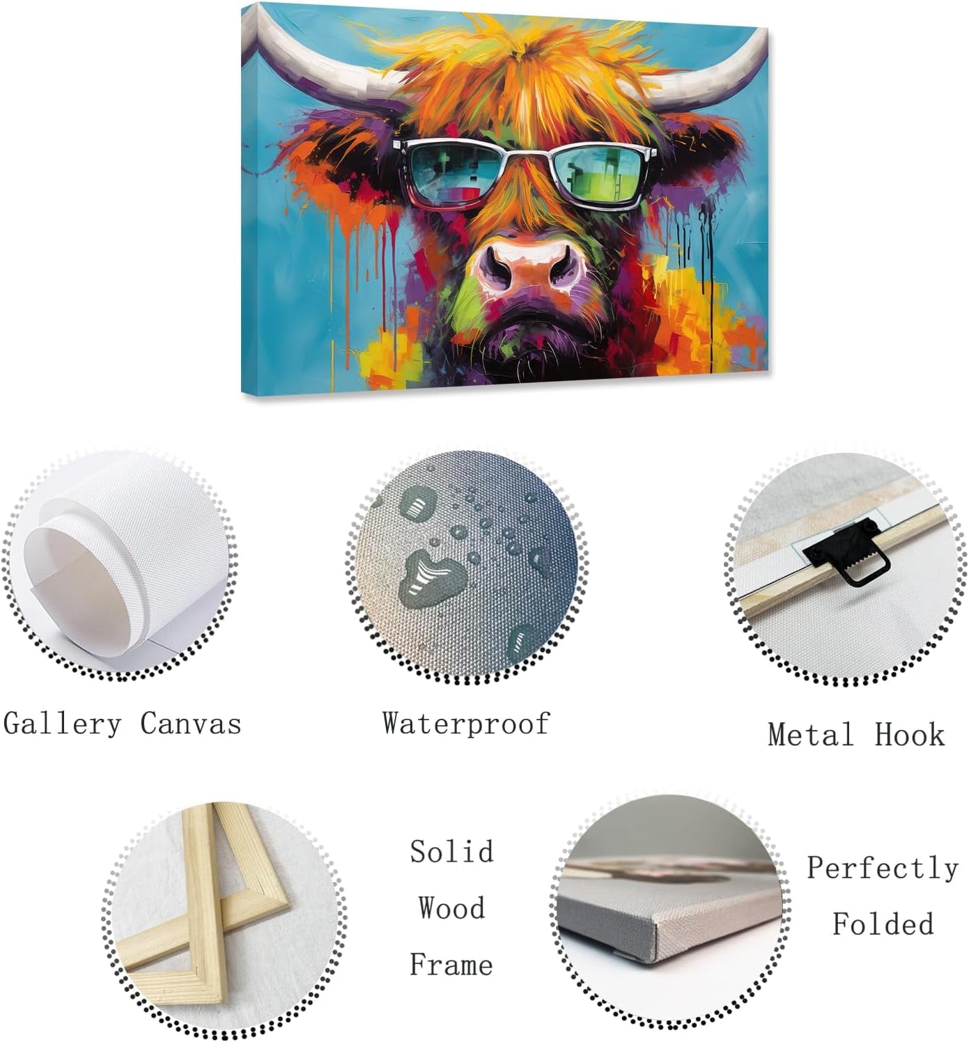 ZHONGYUTONG Highland Cow Canvas Wall Art Highland Cow Wearing Glasses Poster Prints Colorful Animals Pictures for Country Kitchen Bathroom Decor Framed (12.00" x 18.00")