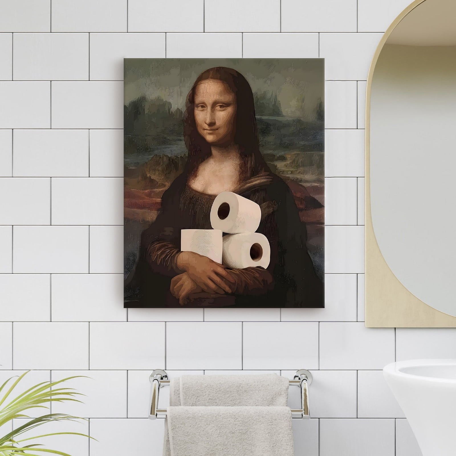 P&L Art Canvas Wall Art Decor, Funny Mona Lisa Toilet Paper Canvas Poster - Modern Wall Decor for Bedroom, Bathroom, Living Room, Hallway - Unique Home Decor Gift
