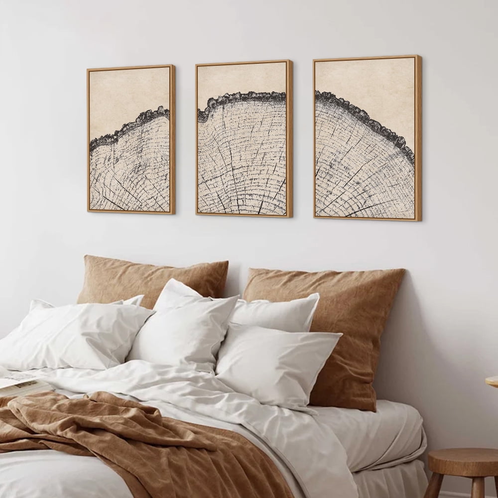 Vintage Wood Tree Rings Wall Art Set, Framed Canvas Paintings, Black and White Nature-Inspired Decorative for Modern Home Decor for Living Room, Bedroom, Dining Room, Office- 16"x24"x3