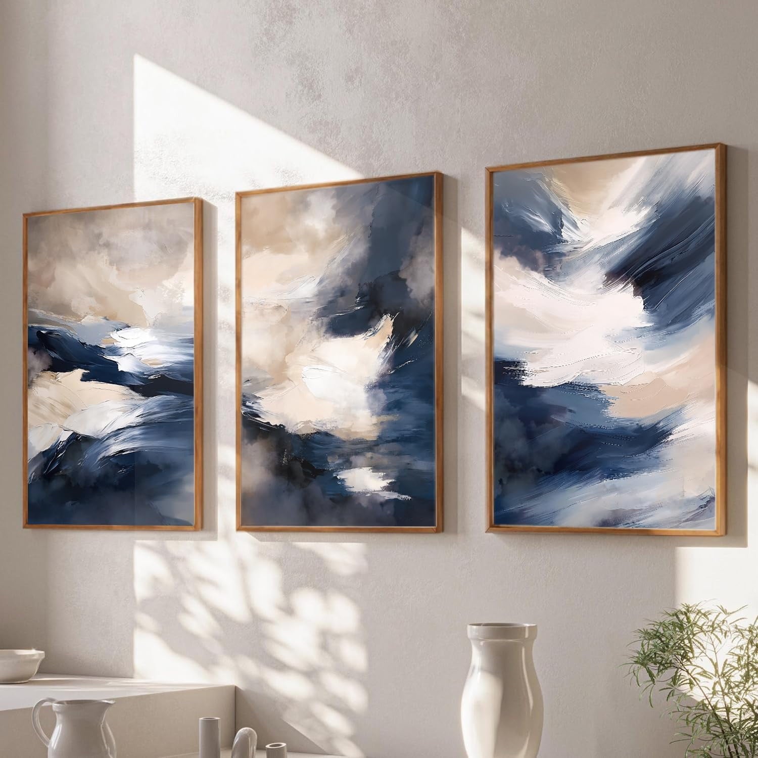 Blue Abstract Brush Stroke Framed Wall Art, Modern Minimalist Color Block Canvas Wall Decor, Earth Tone Shape Wall Painting, Beige Neutral Art Print for Living Room, Bedroom, Office - 16"x24"x3