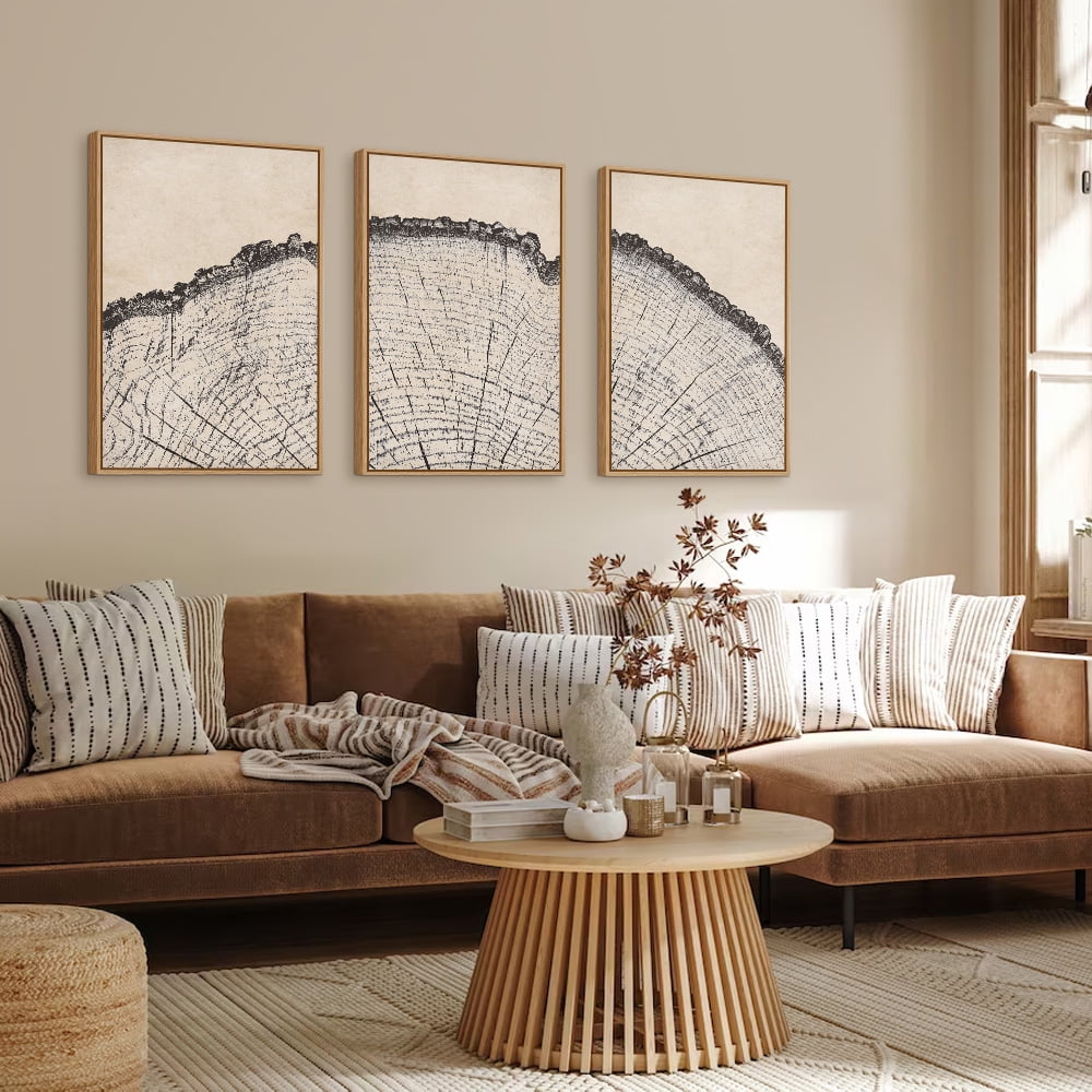 Vintage Wood Tree Rings Wall Art Set, Framed Canvas Paintings, Black and White Nature-Inspired Decorative for Modern Home Decor for Living Room, Bedroom, Dining Room, Office- 16"x24"x3