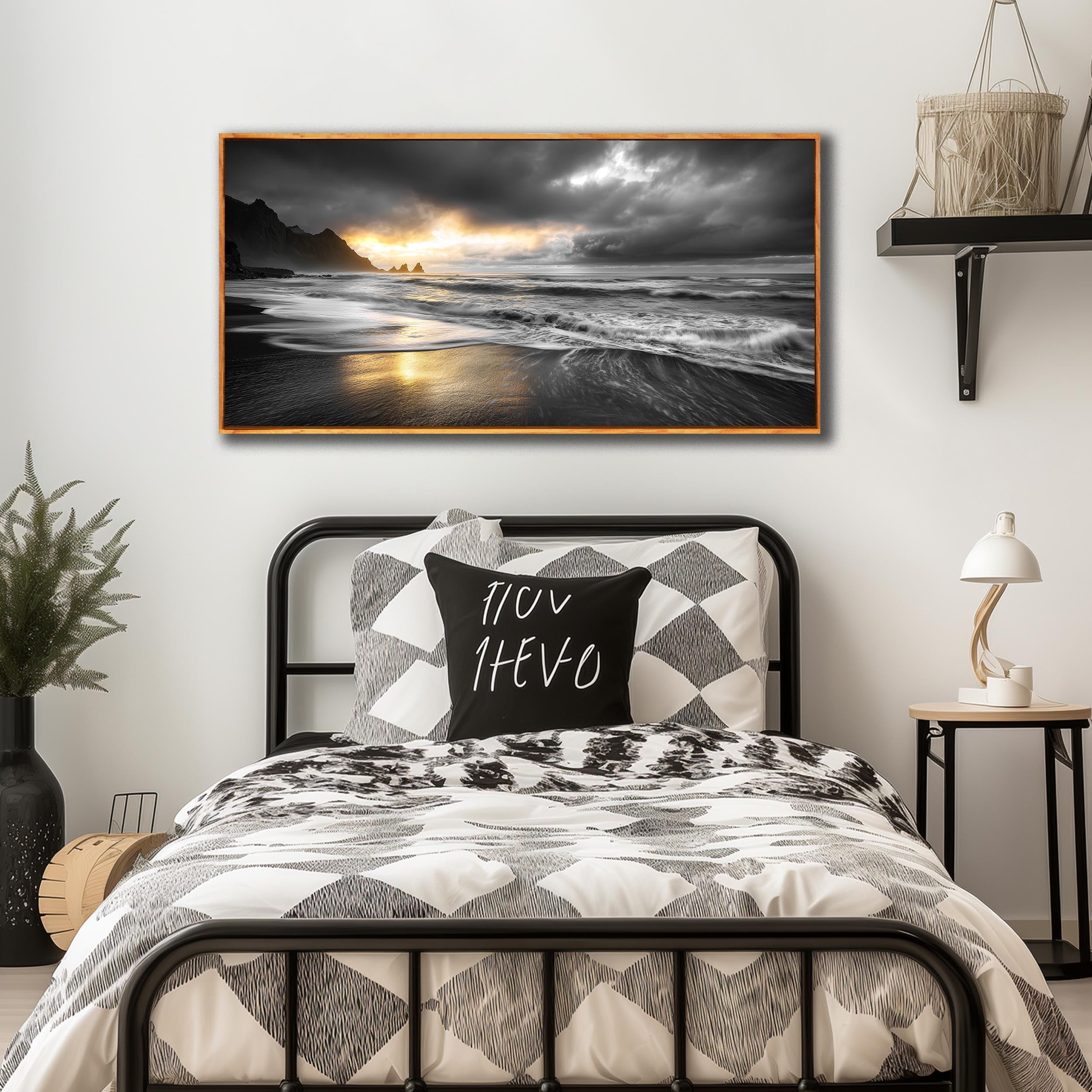 Abstract Coastal Sunset Canvas Wall Art for Living Room, Black and White Wall-Decor for Bedroom, Seaside Landscape Home Decor for Hallway Office, Size 40 x 20 Inches Framed