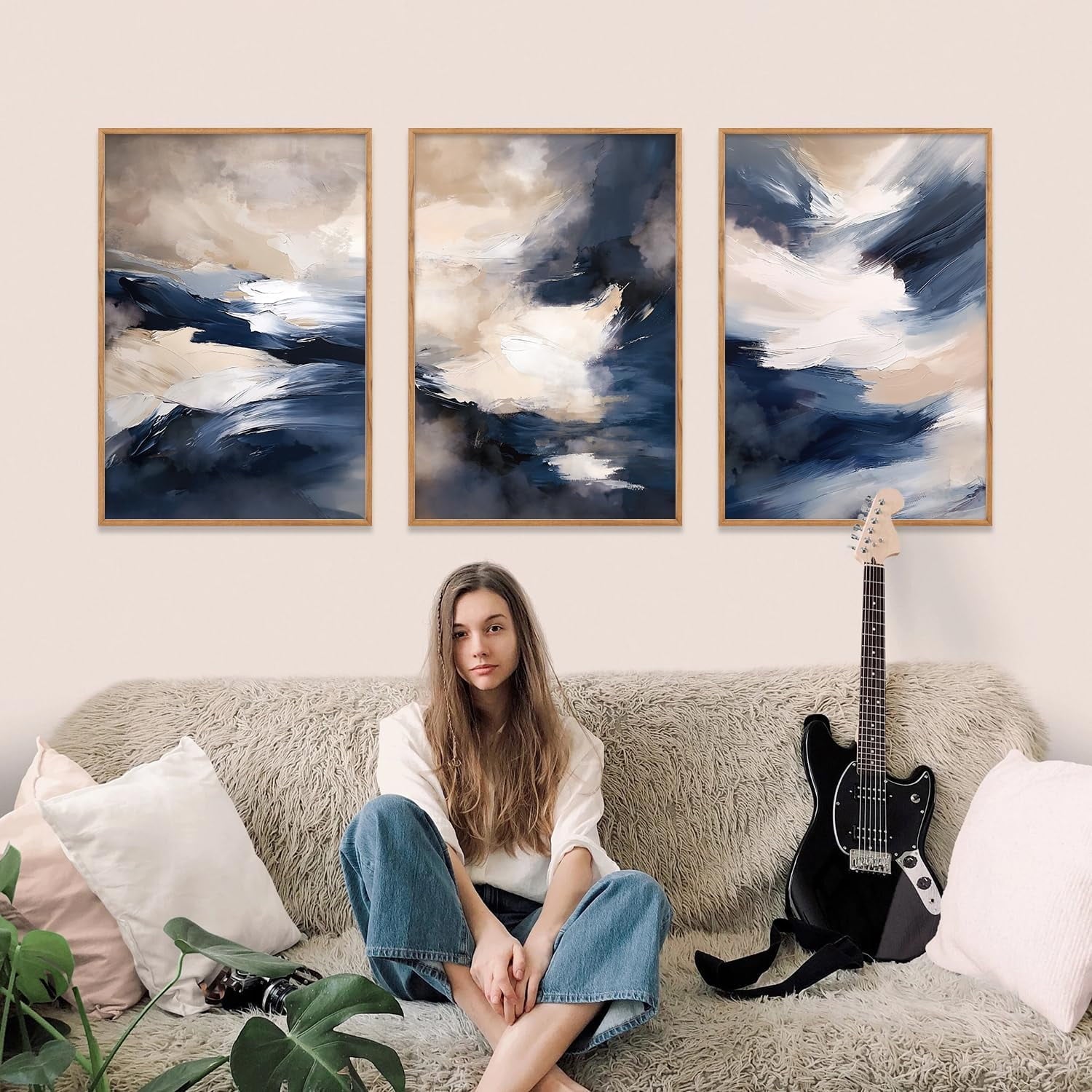 Blue Abstract Brush Stroke Framed Wall Art, Modern Minimalist Color Block Canvas Wall Decor, Earth Tone Shape Wall Painting, Beige Neutral Art Print for Living Room, Bedroom, Office - 16"x24"x3