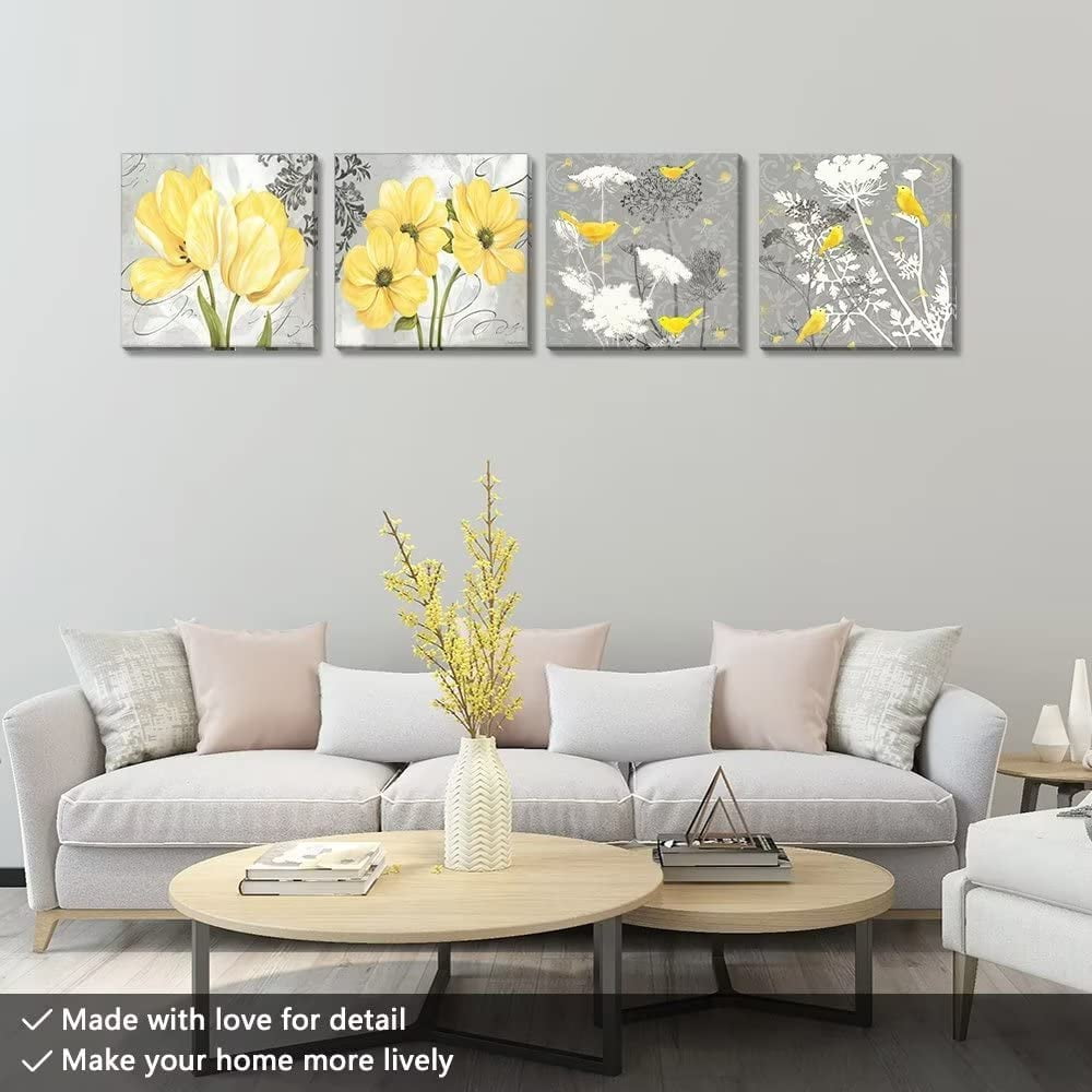 Yellow Gray Wall Art Canvas Flowers Birds Wall Decor for Living Room Bathroom Abstract Modern Floral Large Posters Print Artwork Framed Hang Pictures for Home Decorations 12''''x12'''' x4 Panels