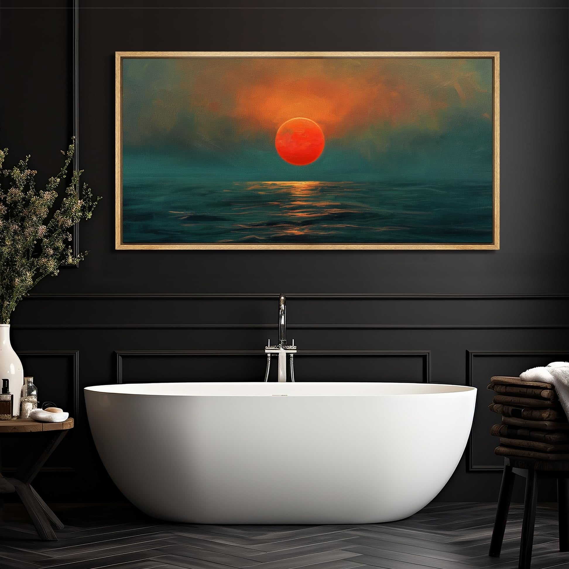 IDEA4WALL Extra Large Framed Canvas Print Wall Art Sunset Over Ocean Vibrant Red Sun and Blue Waters Classic Art Vintage Wall Decor Oversized Artwork Relax/Calm for Living Room - 60"x30"