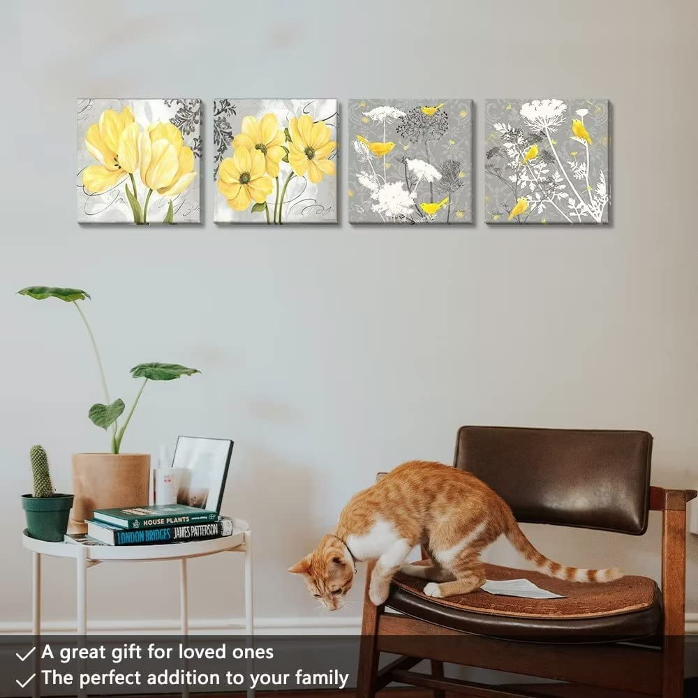 Yellow Gray Wall Art Canvas Flowers Birds Wall Decor for Living Room Bathroom Abstract Modern Floral Large Posters Print Artwork Framed Hang Pictures for Home Decorations 12''''x12'''' x4 Panels