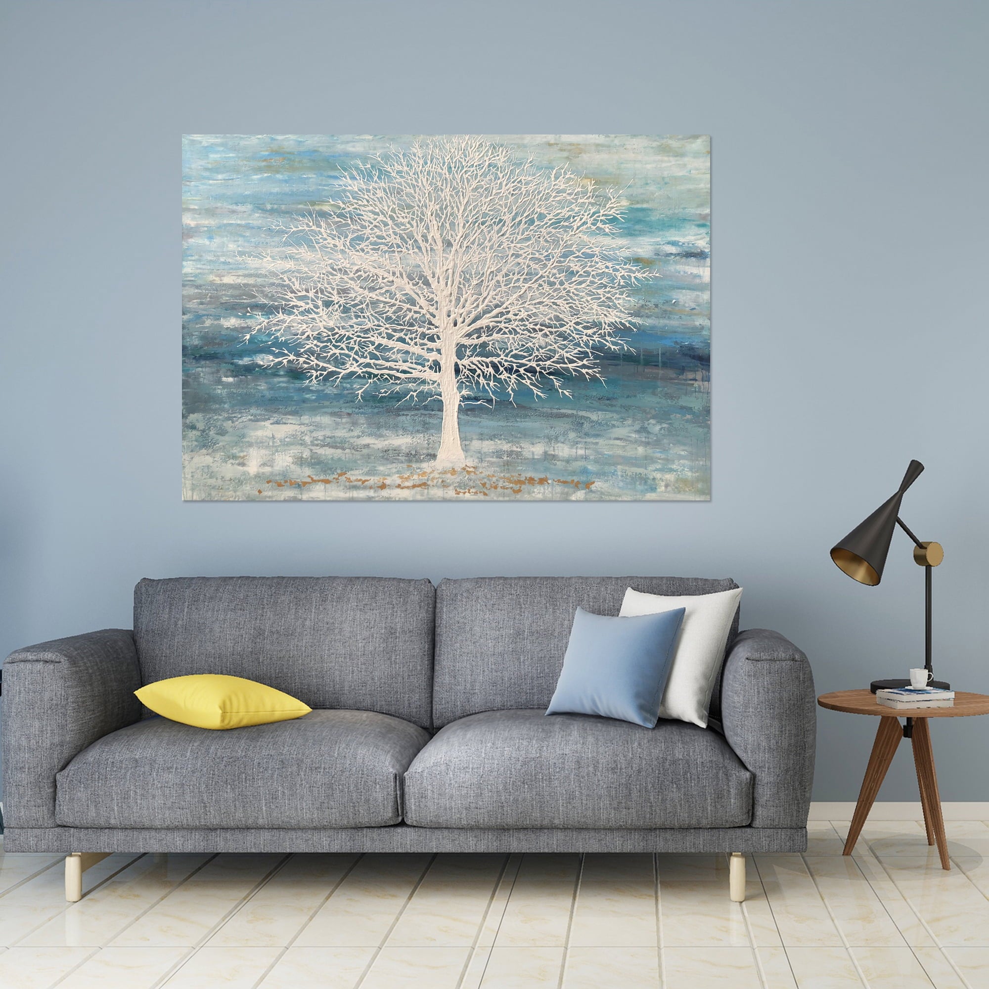 Yihui Arts 3D Blue Tree Paintings with Gold Foil for Wall Decor Ready to Hang