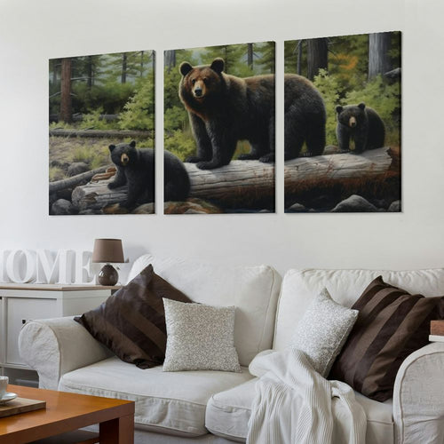 COMIO  Funny Rustic Black Bear Canvas Wall Art Prints Stretched and Framed,Cubs Family Theme Forest Wall Artworks Picture for Bathroom Kitchen Bedroom Winter Decoration 12''x16''X3 Panels