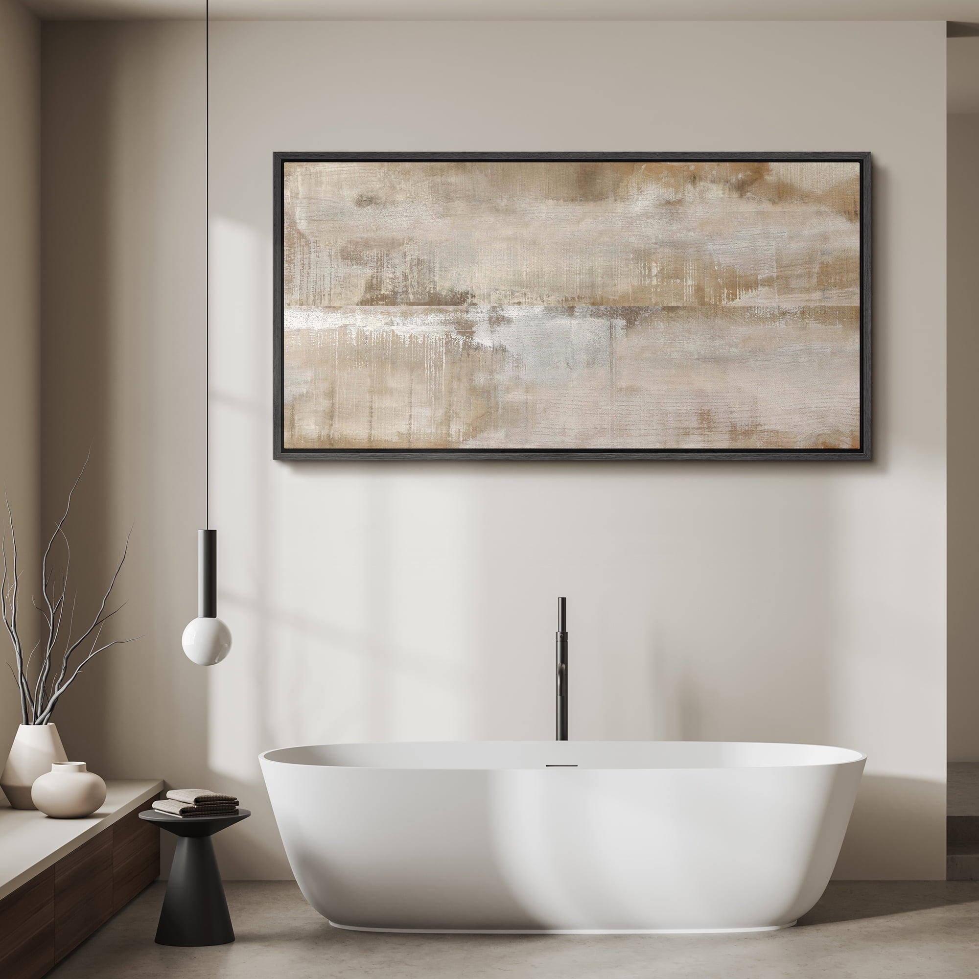 Large Framed Canvas Print Neutral Beige and White Textured with a Weathered LookWall Art Decorative Ready to Hang Painting for Living room Bedroom 60x30 inches Black Frame