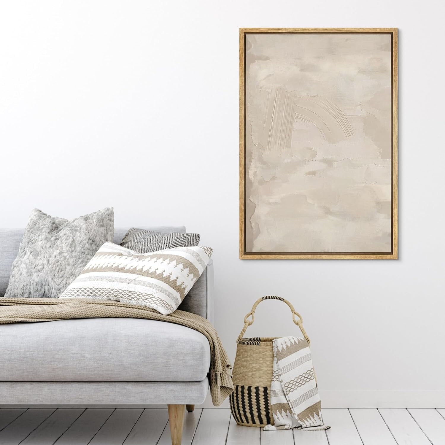 IDEA4WALL Framed Canvas Print Wall Art Rustic Tan Paint Stroke Landscape Abstract Shapes Illustrations Modern Art Decor Boho Relax/Zen Nordic for Living Room, Bedroom, Office - Natural 16"x24"