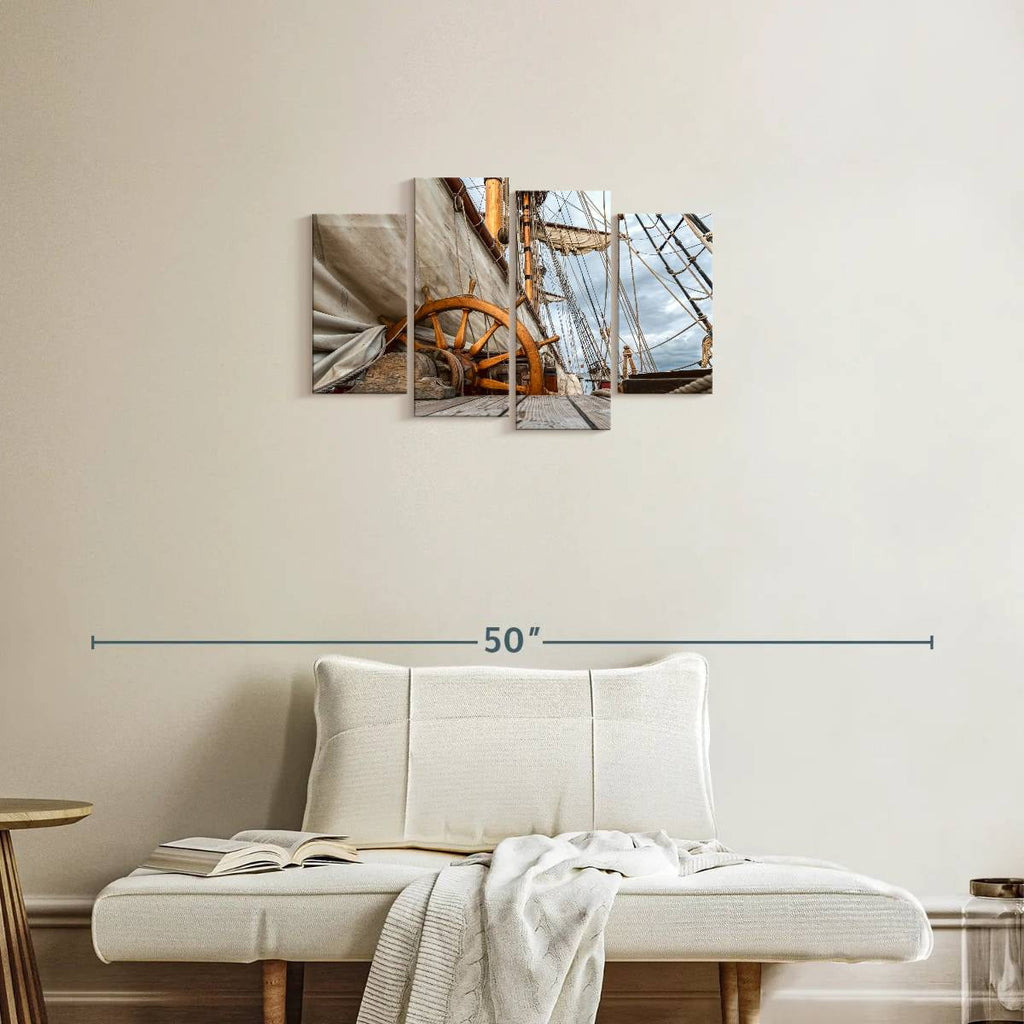 Elephant Stock Ship Wheel And Deck Wall Art - Horizontal Multi Panel Canvas - Living Room Wall Decor - Nautical Multi Panel - Brown And Beige Decor - 30" x 18"