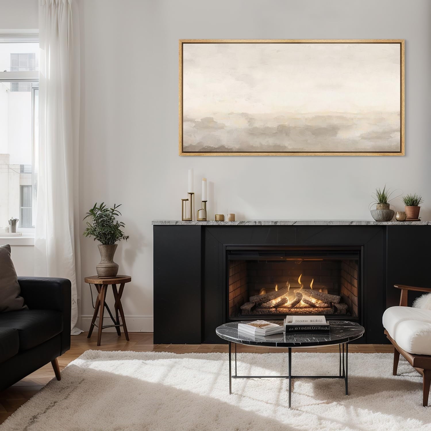 IDEA4WALL Extra Large Framed Canvas Print Wall Art Minimalist Neutral Landscape Abstract Horizon Line Retro Artwork Nature Wilderness Fine Art Vintage Decor for Home Decoration - 60"x30"