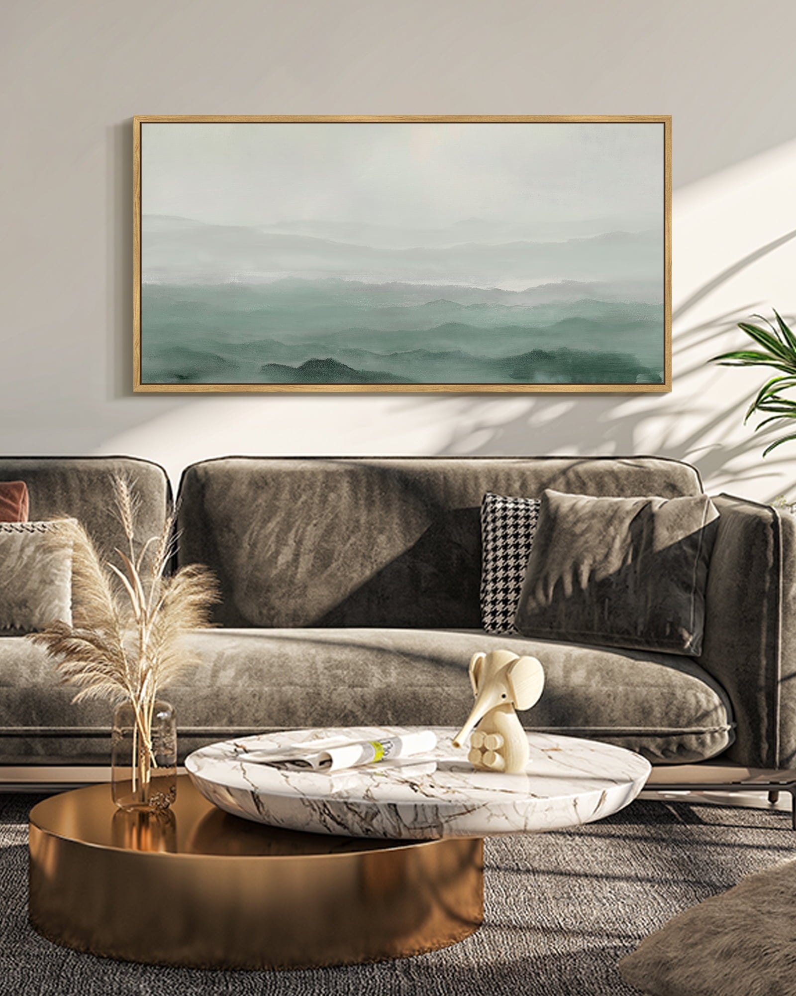 SHENIFY Abstract Landscape Wall Art 20x40in Natural Framed Minimalist Tan Green Mountain Neutral Toned Misty Nature Wilderness Illustrations Modern Art Decorative