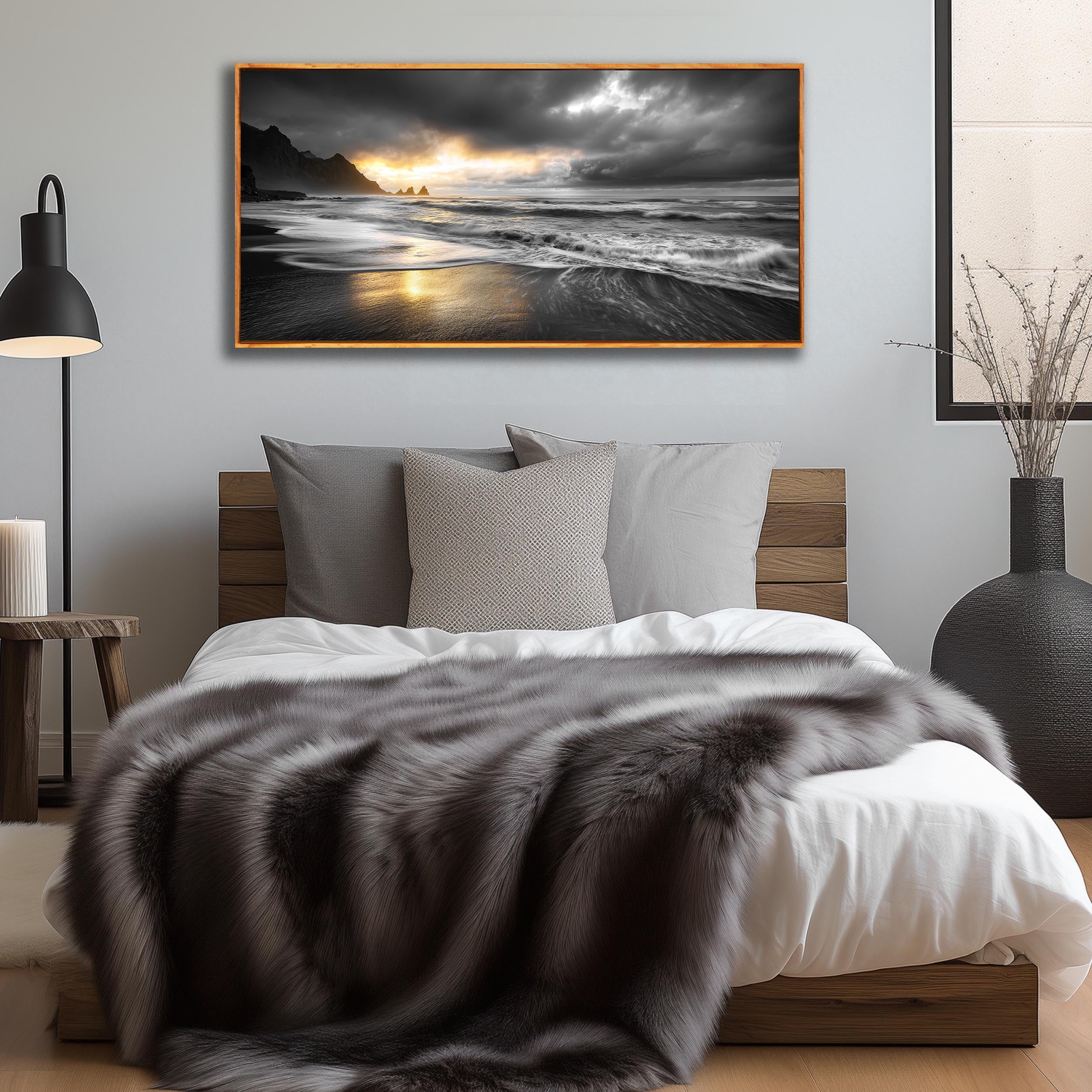 Abstract Coastal Sunset Canvas Wall Art for Living Room, Black and White Wall-Decor for Bedroom, Seaside Landscape Home Decor for Hallway Office, Size 40 x 20 Inches Framed