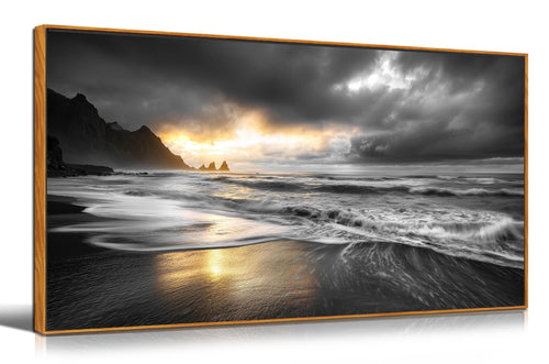 Abstract Coastal Sunset Canvas Wall Art for Living Room, Black and White Wall-Decor for Bedroom, Seaside Landscape Home Decor for Hallway Office, Size 40 x 20 Inches Framed