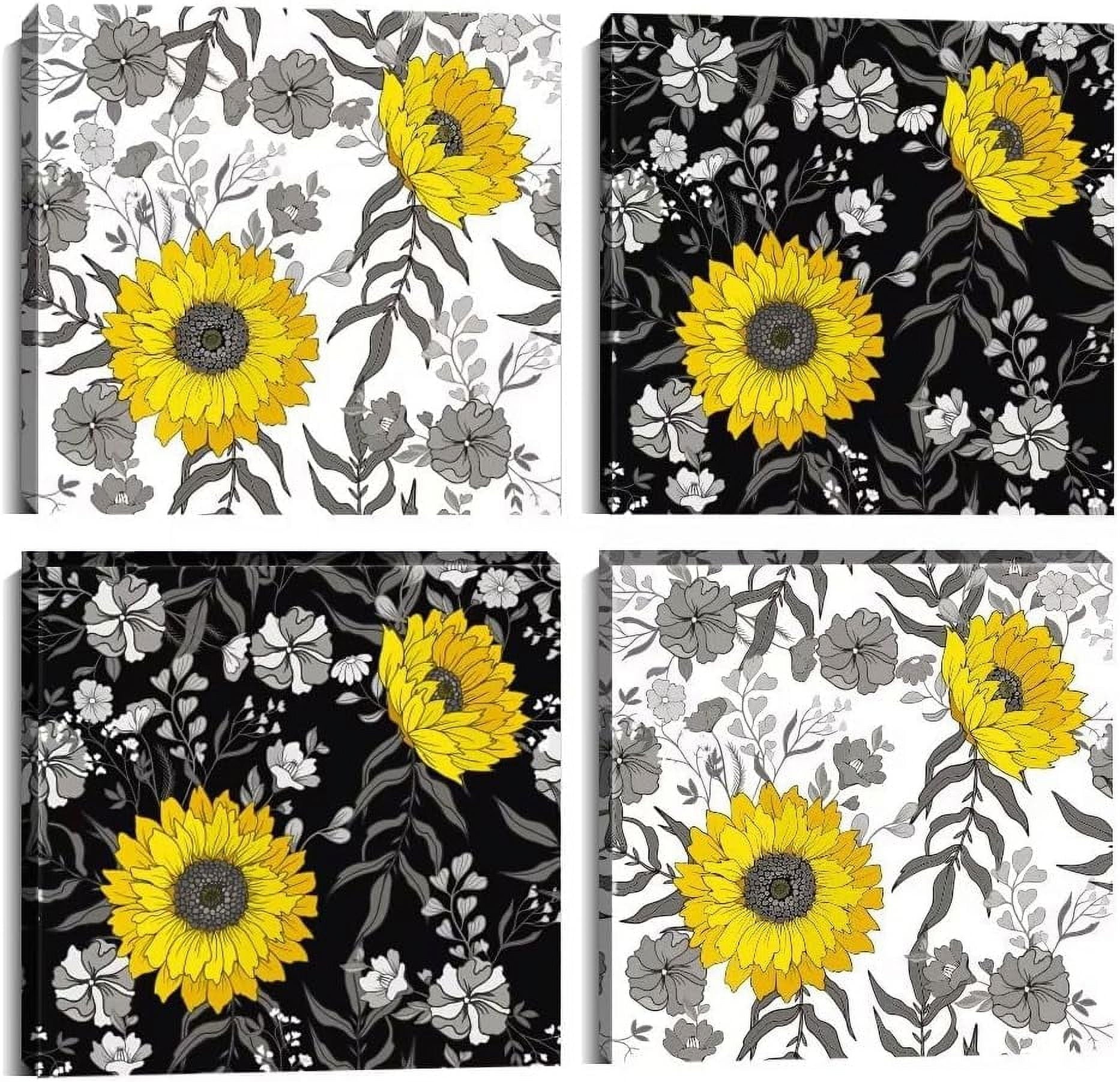 Yellow Gray Wall Art Canvas Flowers Birds Wall Decor for Living Room Bathroom Abstract Modern Floral Large Posters Print Artwork Framed Hang Pictures for Home Decorations 12''''x12'''' x4 Panels