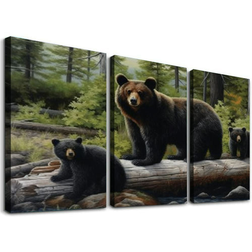 COMIO  Funny Rustic Black Bear Canvas Wall Art Prints Stretched and Framed,Cubs Family Theme Forest Wall Artworks Picture for Bathroom Kitchen Bedroom Winter Decoration 12''x16''X3 Panels