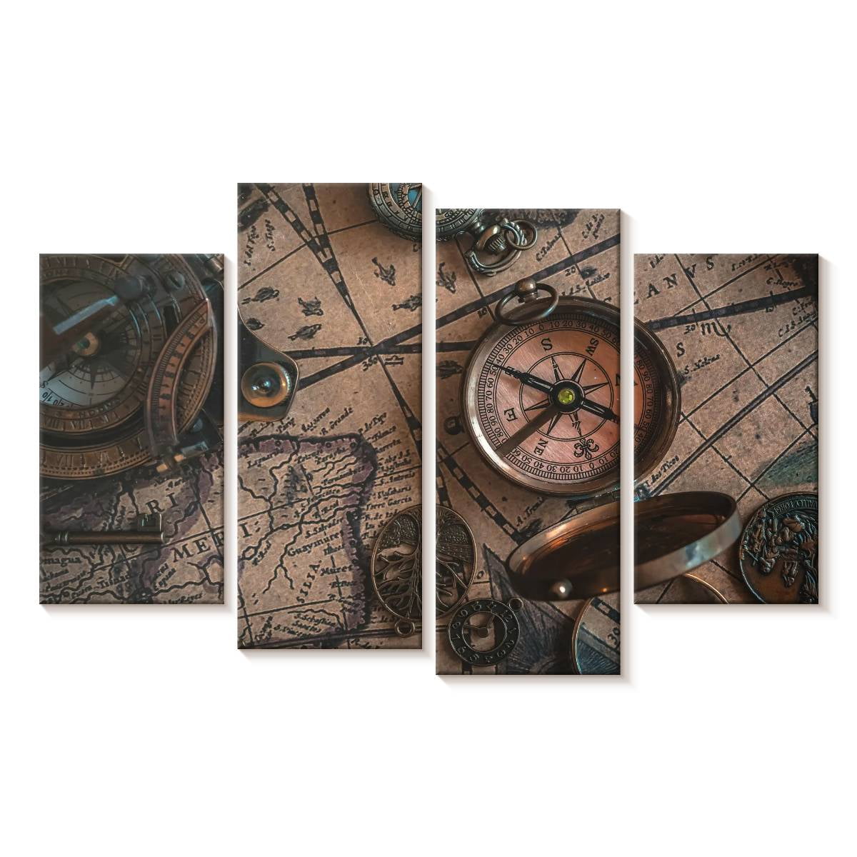 Elephant Stock Ship Wheel And Deck Wall Art - Horizontal Multi Panel Canvas - Living Room Wall Decor - Nautical Multi Panel - Brown And Beige Decor - 30" x 18"