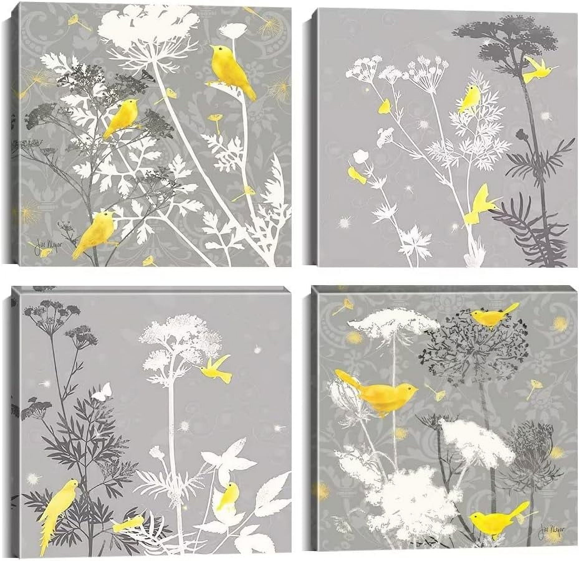 Yellow Gray Wall Art Canvas Flowers Birds Wall Decor for Living Room Bathroom Abstract Modern Floral Large Posters Print Artwork Framed Hang Pictures for Home Decorations 12''''x12'''' x4 Panels