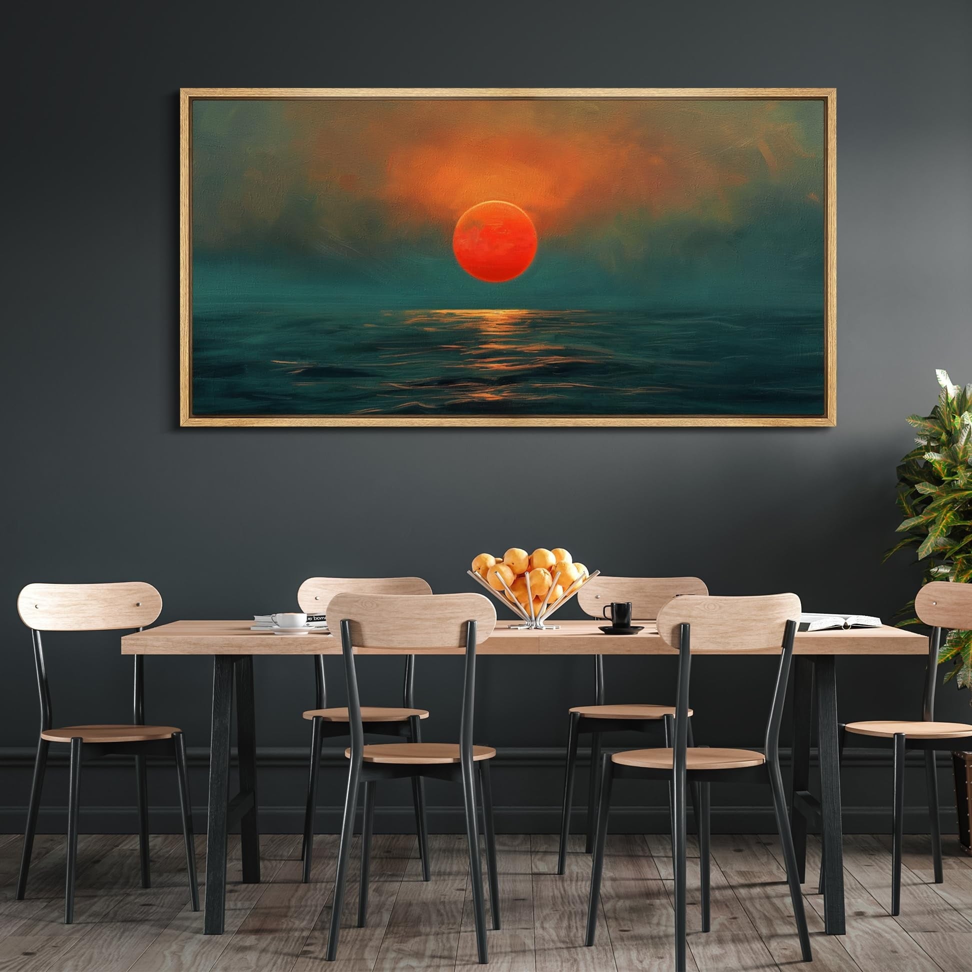 IDEA4WALL Extra Large Framed Canvas Print Wall Art Sunset Over Ocean Vibrant Red Sun and Blue Waters Classic Art Vintage Wall Decor Oversized Artwork Relax/Calm for Living Room - 60"x30"