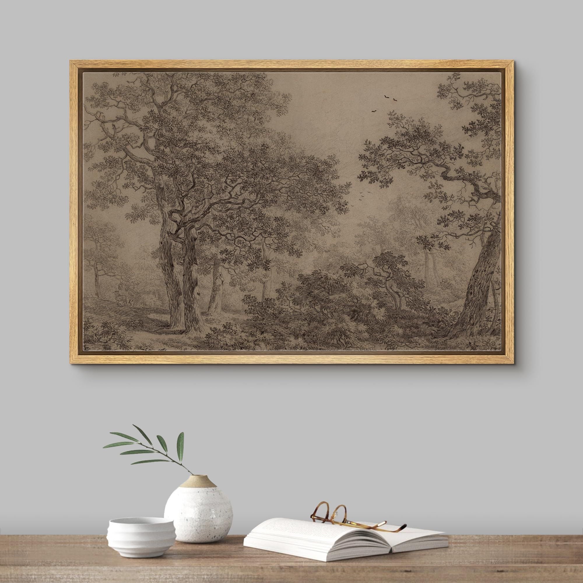 IDEA4WALL Framed Canvas Wall Art Retro Majestic Oak Tree Drawing Detailed Illustrations Black & White Nature Forest Elegant Vintage Print Wall Decor for Living Room, Office -