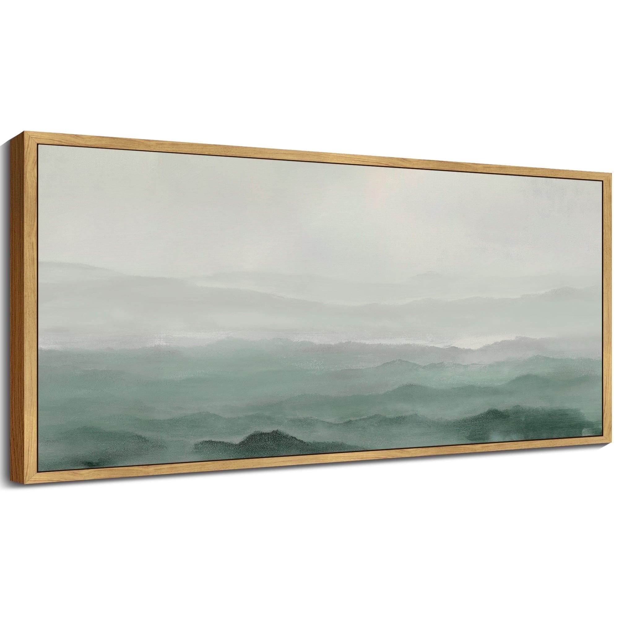 SHENIFY Abstract Landscape Wall Art 20x40in Natural Framed Minimalist Tan Green Mountain Neutral Toned Misty Nature Wilderness Illustrations Modern Art Decorative