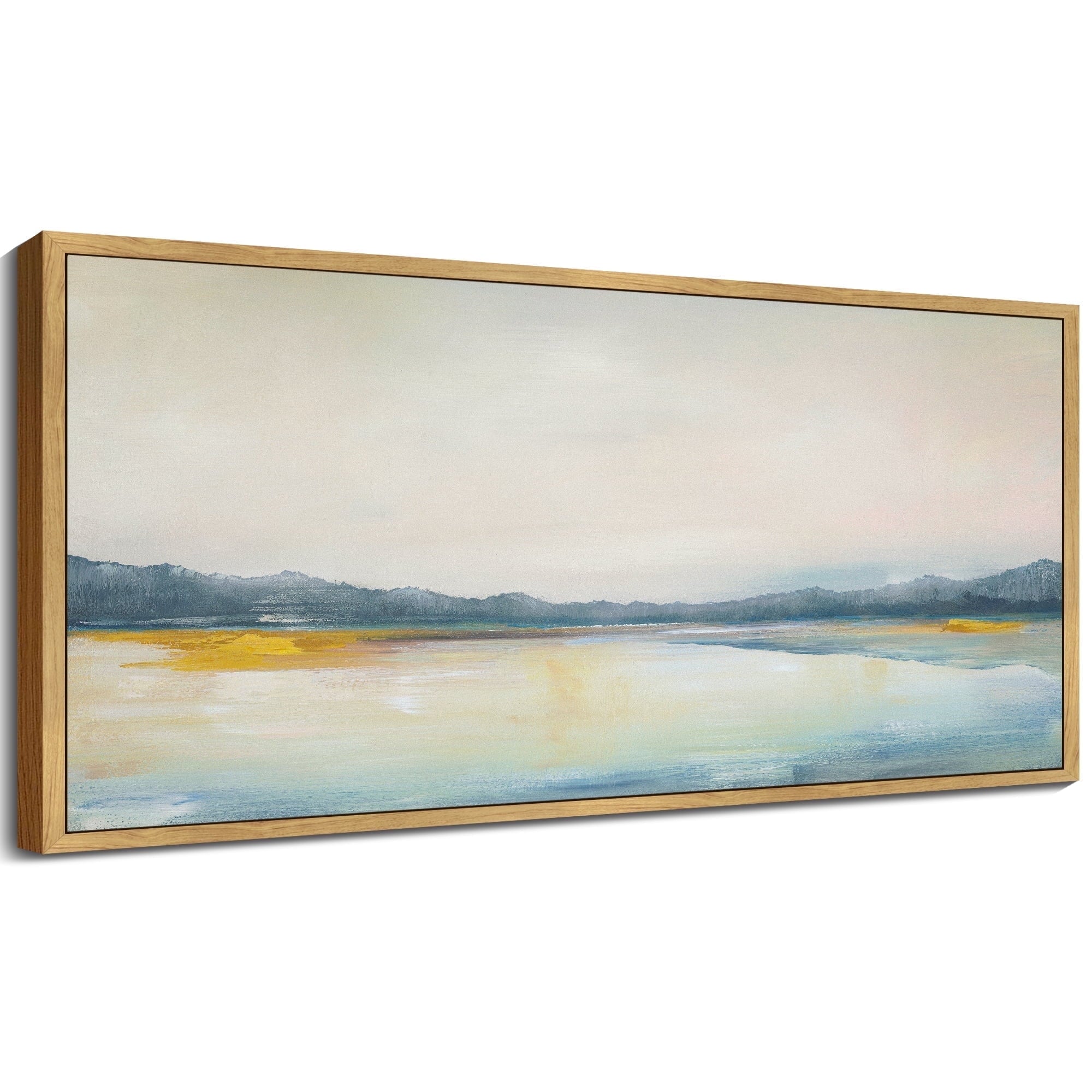 SHENIFY Abstract Landscape Wall Art 20x40in Natural Framed Minimalist Tan Green Mountain Neutral Toned Misty Nature Wilderness Illustrations Modern Art Decorative