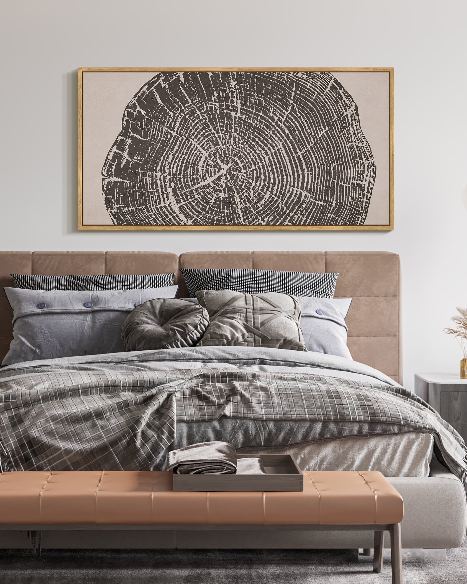 SHENIFY Abstract Landscape Wall Art 20x40in Natural Framed Minimalist Tan Green Mountain Neutral Toned Misty Nature Wilderness Illustrations Modern Art Decorative