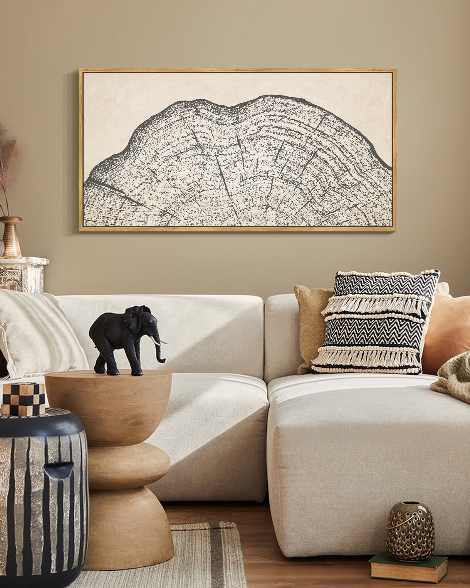 SHENIFY Abstract Landscape Wall Art 20x40in Natural Framed Minimalist Tan Green Mountain Neutral Toned Misty Nature Wilderness Illustrations Modern Art Decorative