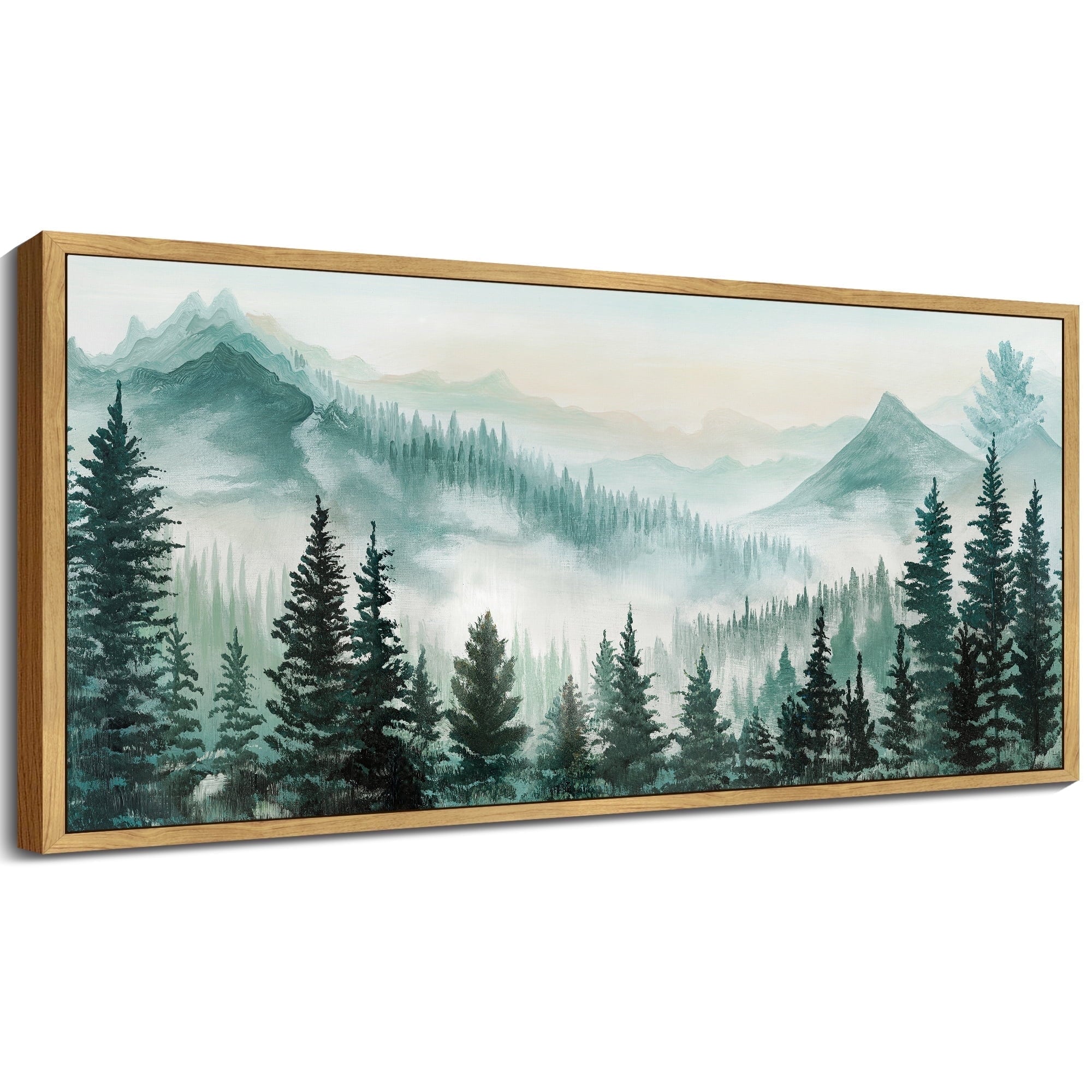 SHENIFY Abstract Landscape Wall Art 20x40in Natural Framed Minimalist Tan Green Mountain Neutral Toned Misty Nature Wilderness Illustrations Modern Art Decorative