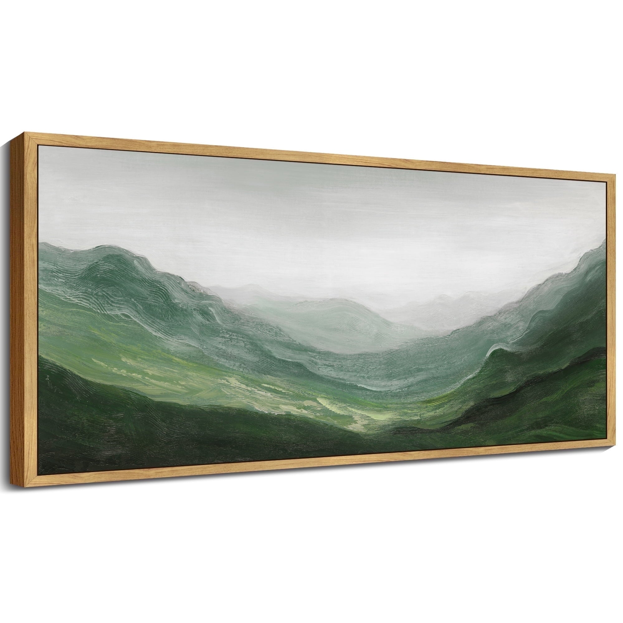 SHENIFY Abstract Landscape Wall Art 20x40in Natural Framed Minimalist Tan Green Mountain Neutral Toned Misty Nature Wilderness Illustrations Modern Art Decorative
