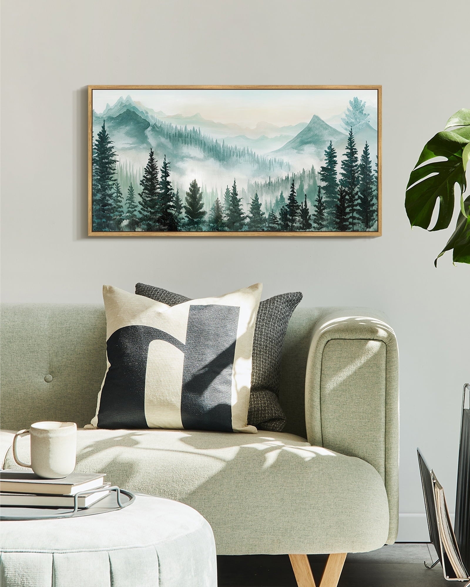 SHENIFY Abstract Landscape Wall Art 20x40in Natural Framed Minimalist Tan Green Mountain Neutral Toned Misty Nature Wilderness Illustrations Modern Art Decorative