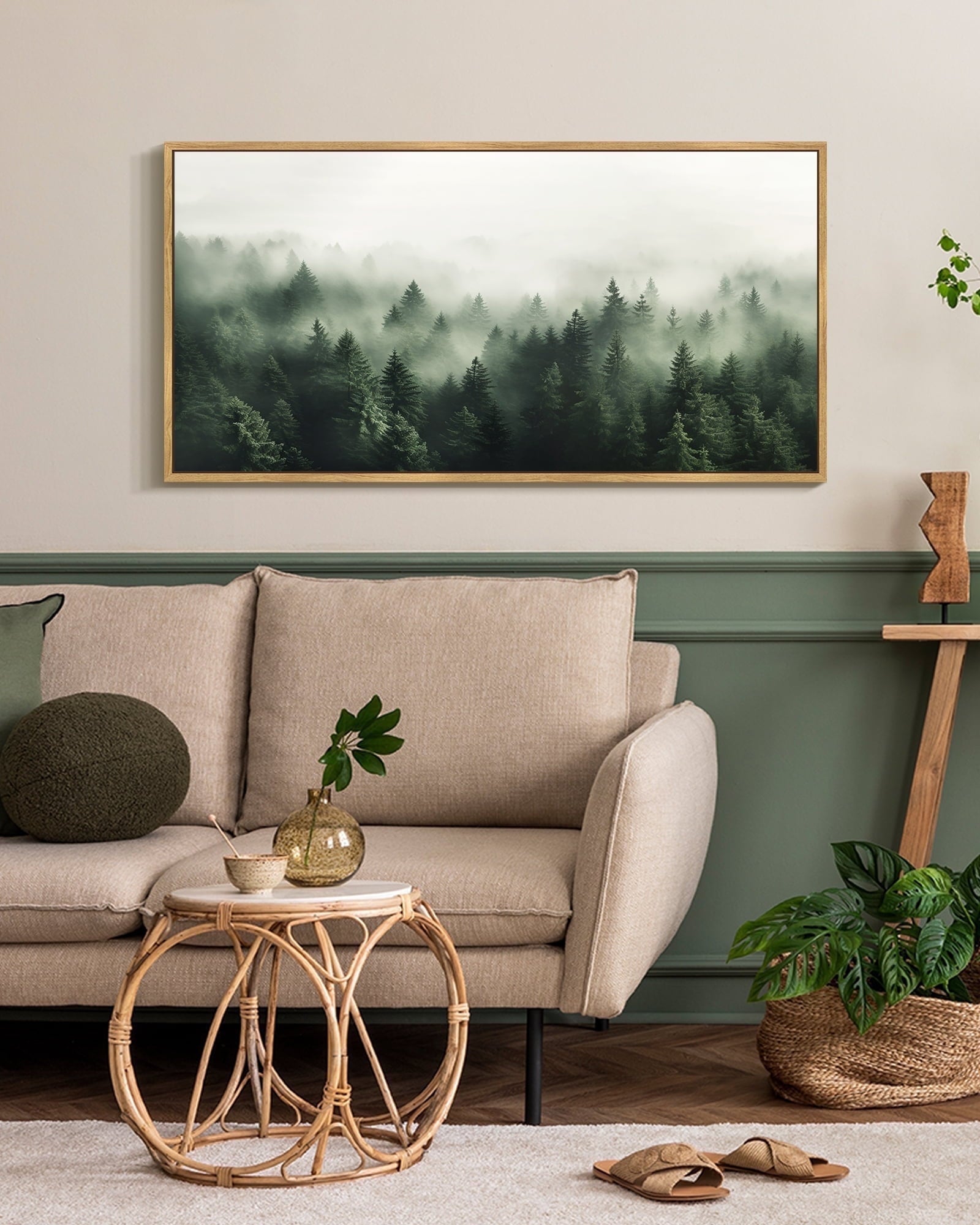 SHENIFY Abstract Landscape Wall Art 20x40in Natural Framed Minimalist Tan Green Mountain Neutral Toned Misty Nature Wilderness Illustrations Modern Art Decorative