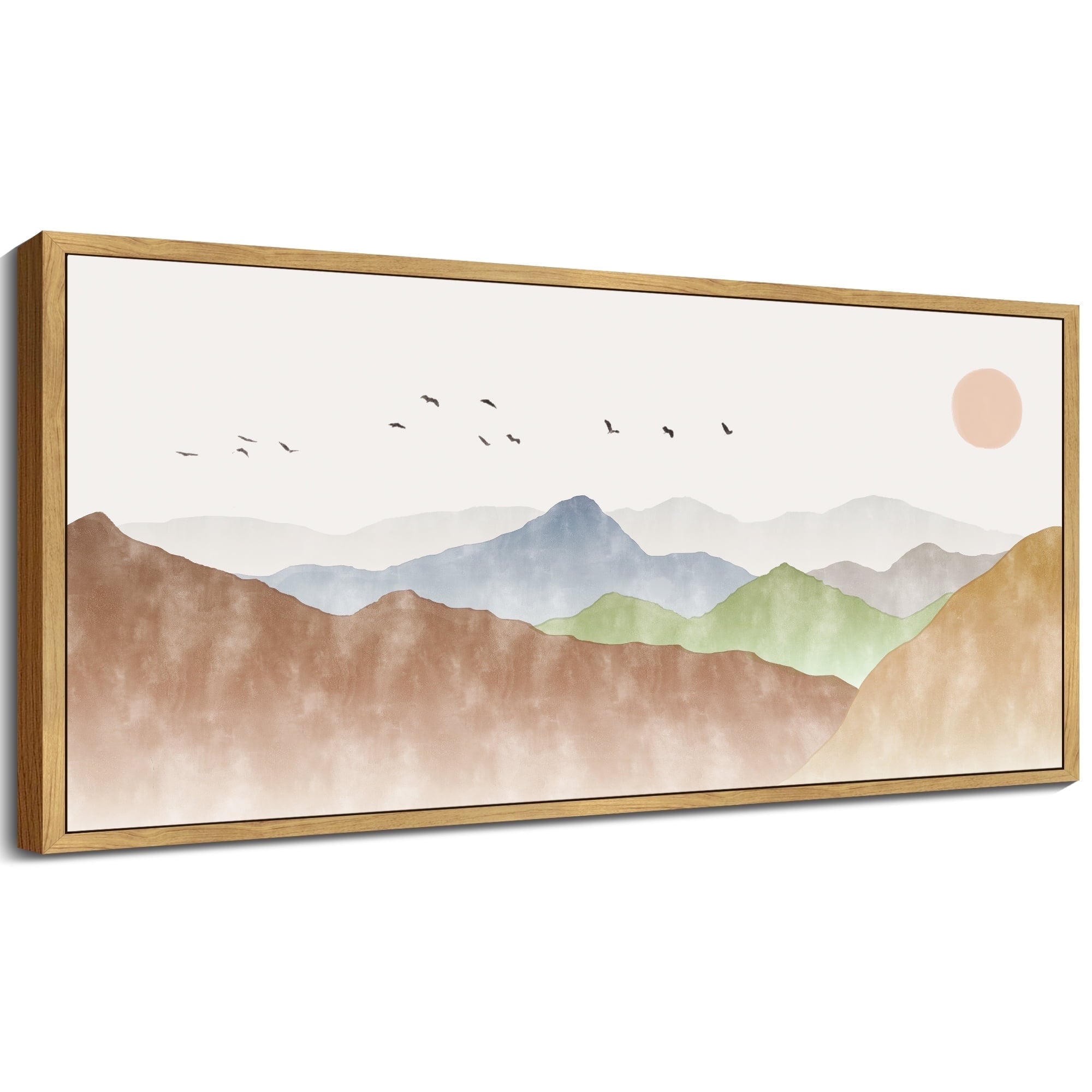 SHENIFY Abstract Landscape Wall Art 20x40in Natural Framed Minimalist Tan Green Mountain Neutral Toned Misty Nature Wilderness Illustrations Modern Art Decorative