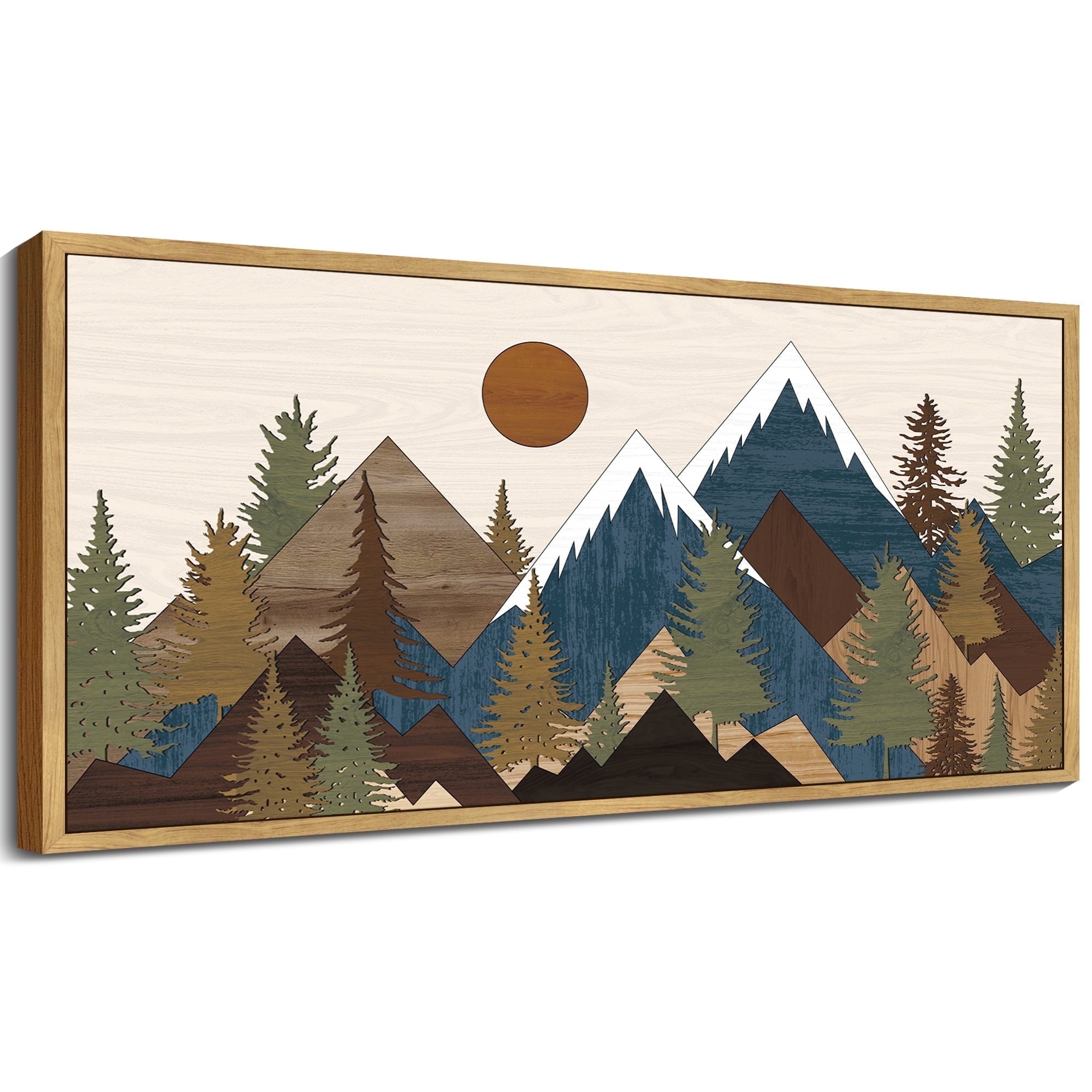 SHENIFY Abstract Landscape Wall Art 20x40in Natural Framed Minimalist Tan Green Mountain Neutral Toned Misty Nature Wilderness Illustrations Modern Art Decorative