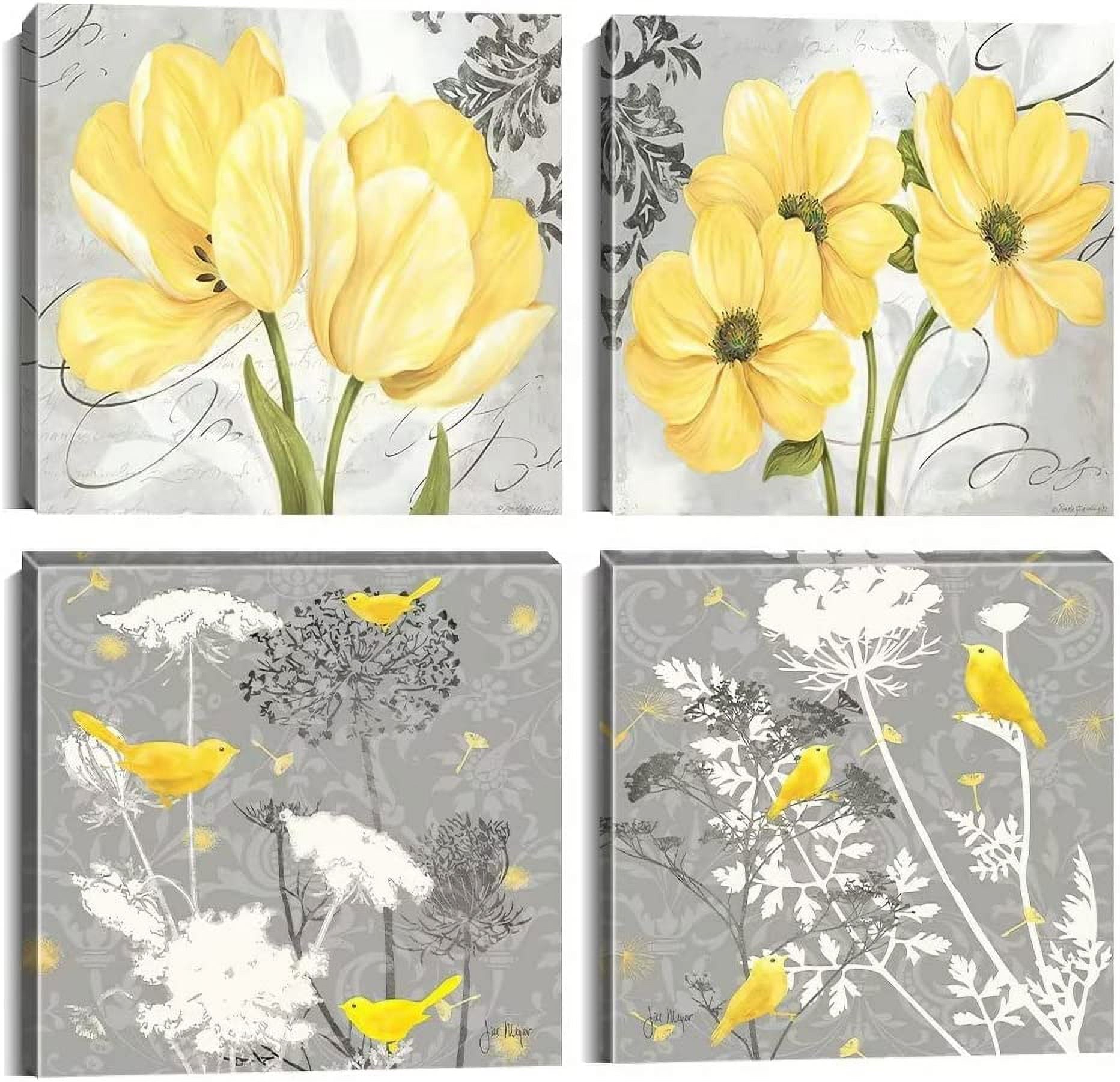 Yellow Gray Wall Art Canvas Flowers Birds Wall Decor for Living Room Bathroom Abstract Modern Floral Large Posters Print Artwork Framed Hang Pictures for Home Decorations 12''''x12'''' x4 Panels