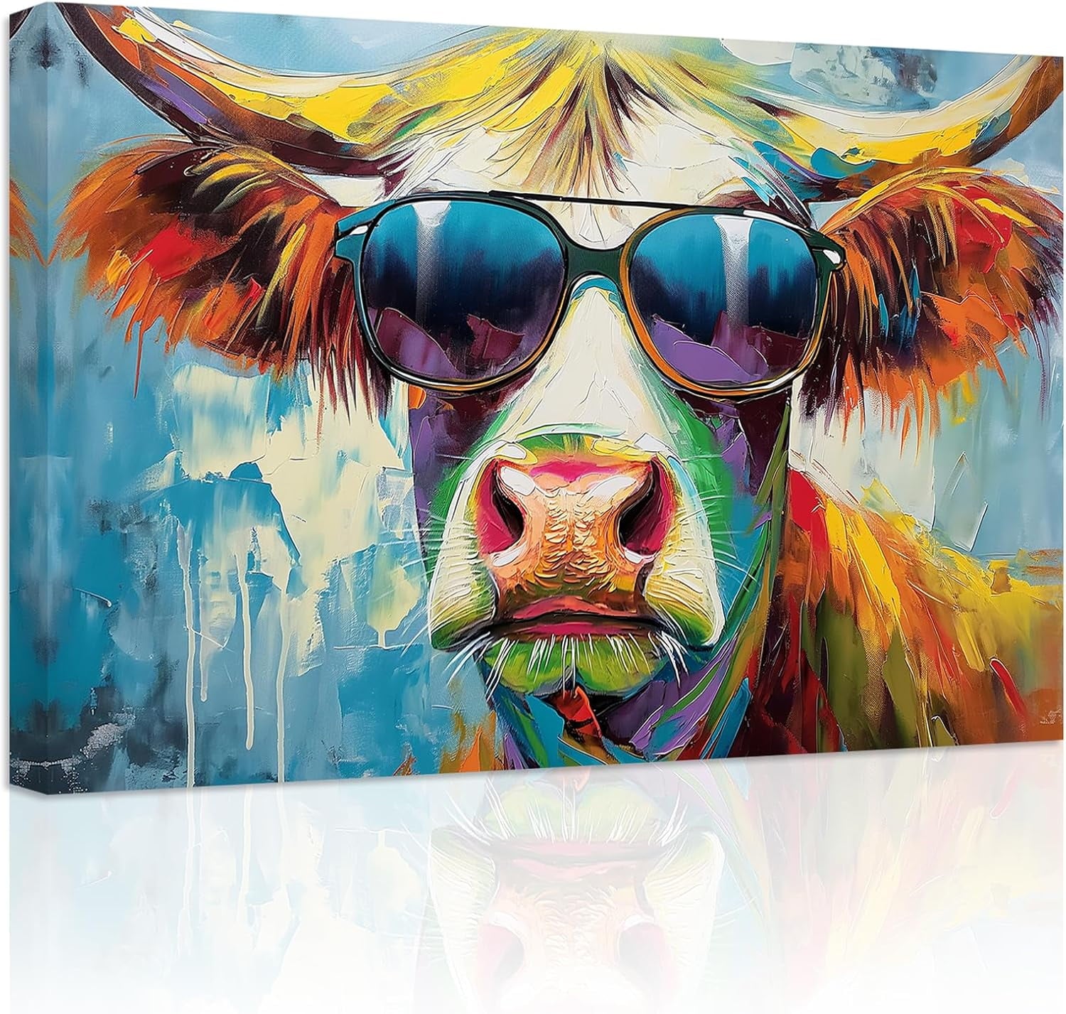 ZHONGYUTONG Highland Cow Canvas Wall Art Highland Cow Wearing Glasses Poster Prints Colorful Animals Pictures for Country Kitchen Bathroom Decor Framed (12.00" x 18.00")