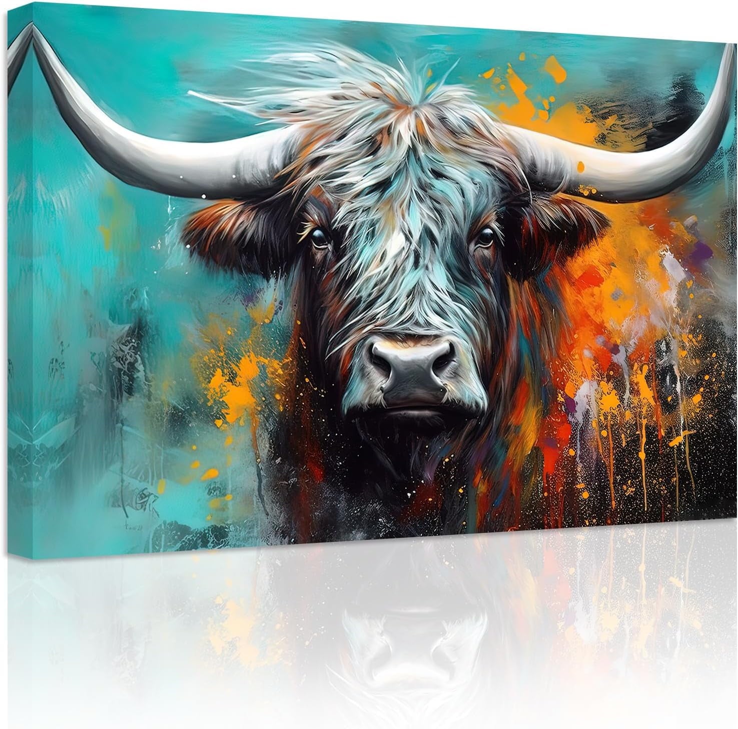 ZHONGYUTONG Highland Cow Canvas Wall Art Highland Cow Wearing Glasses Poster Prints Colorful Animals Pictures for Country Kitchen Bathroom Decor Framed (12.00" x 18.00")