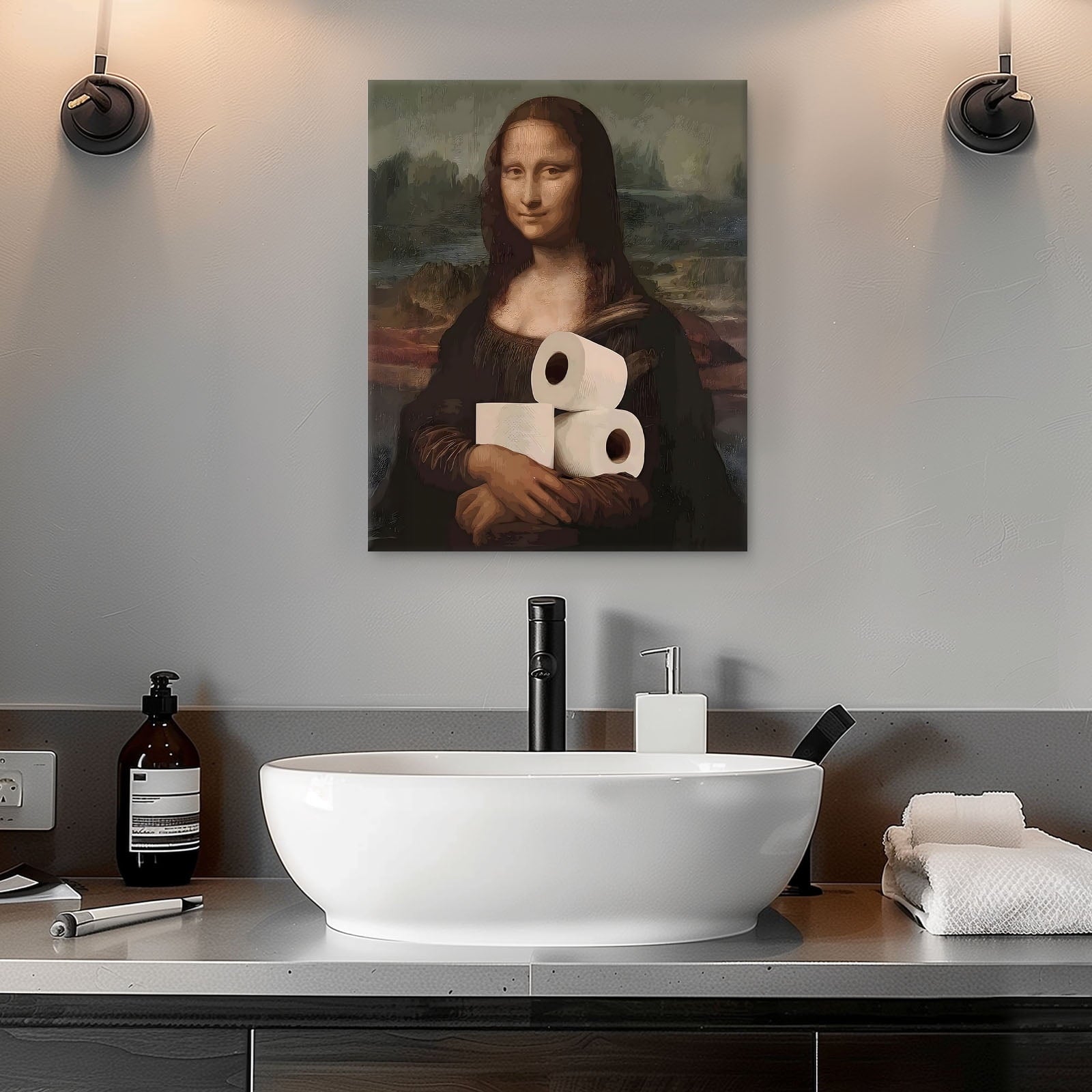 P&L Art Canvas Wall Art Decor, Funny Mona Lisa Toilet Paper Canvas Poster - Modern Wall Decor for Bedroom, Bathroom, Living Room, Hallway - Unique Home Decor Gift