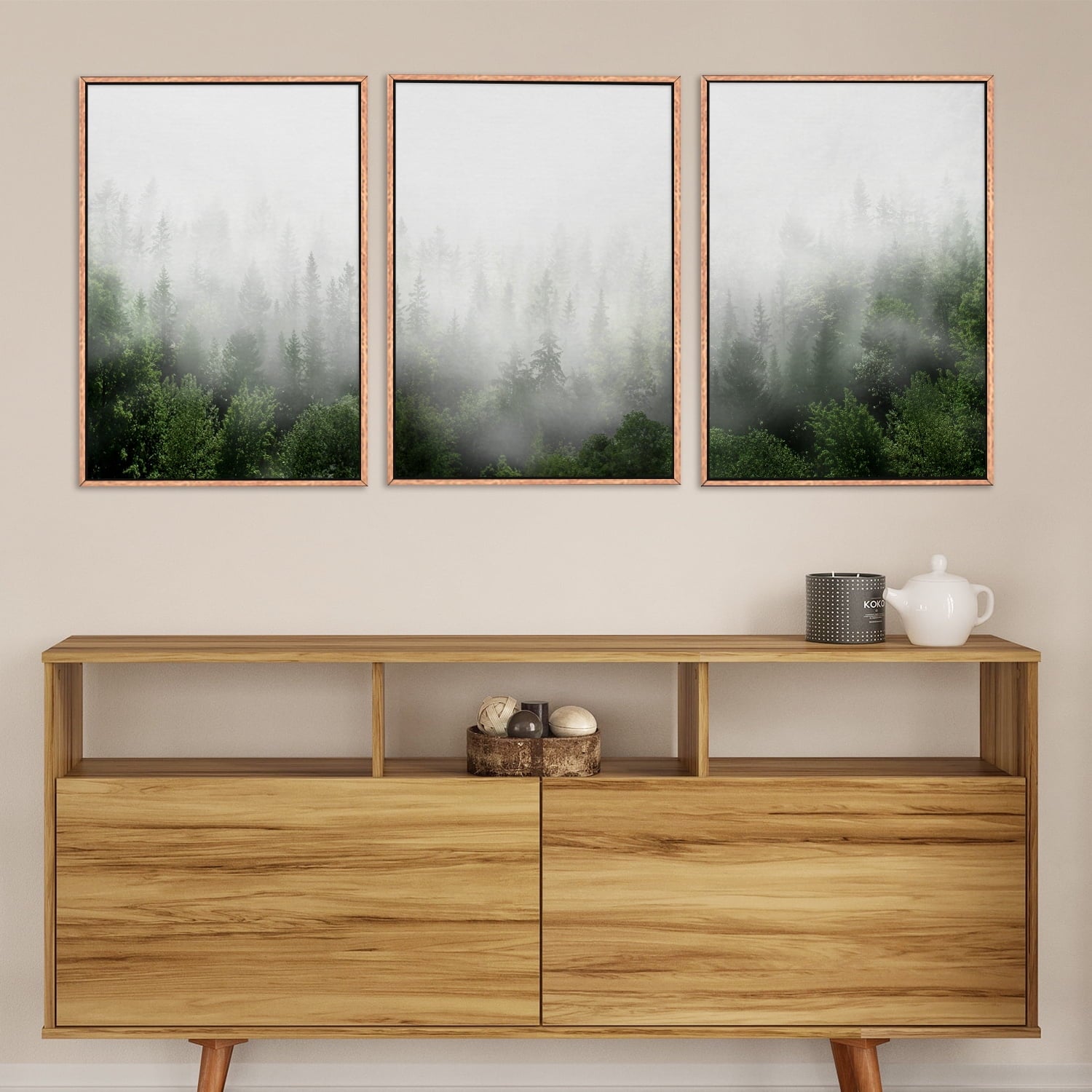 Misty Green Forest Framed Canvas Wall Art Set, Nature Scenery Modern Wall Decor, Foggy Mountain Wall Painting, Woodland Landscape Nursery Art Print for Living Room, Bedroom, Office - 16"x24"x3