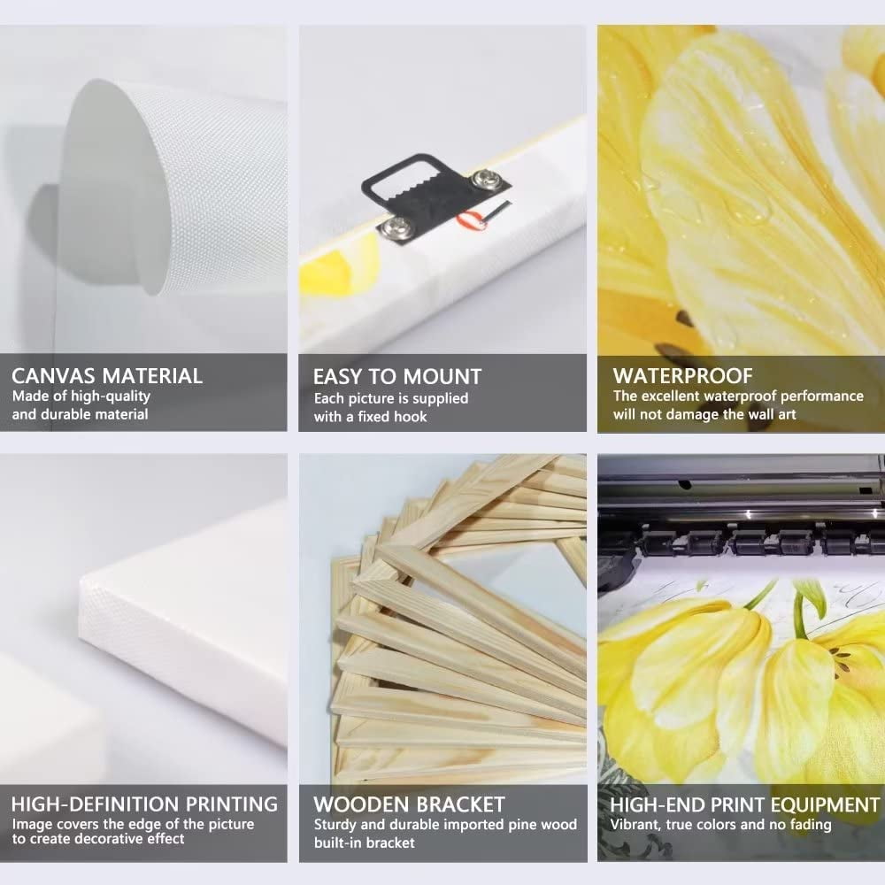 Yellow Gray Wall Art Canvas Flowers Birds Wall Decor for Living Room Bathroom Abstract Modern Floral Large Posters Print Artwork Framed Hang Pictures for Home Decorations 12''''x12'''' x4 Panels