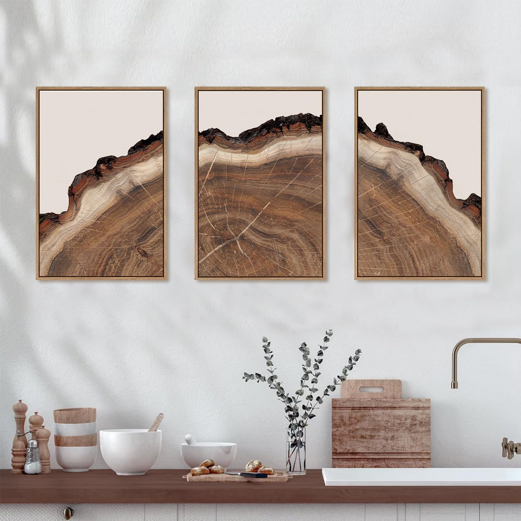 Tree Rings Wood Wall Art Framed Set, Modern Beige Wood Stump Wall Decor, Abstract Tree Spiral Wall Painting,Nature-Inspired Art Print for Living Room, Bedroom, Dining Room, Office-16 x24 x3