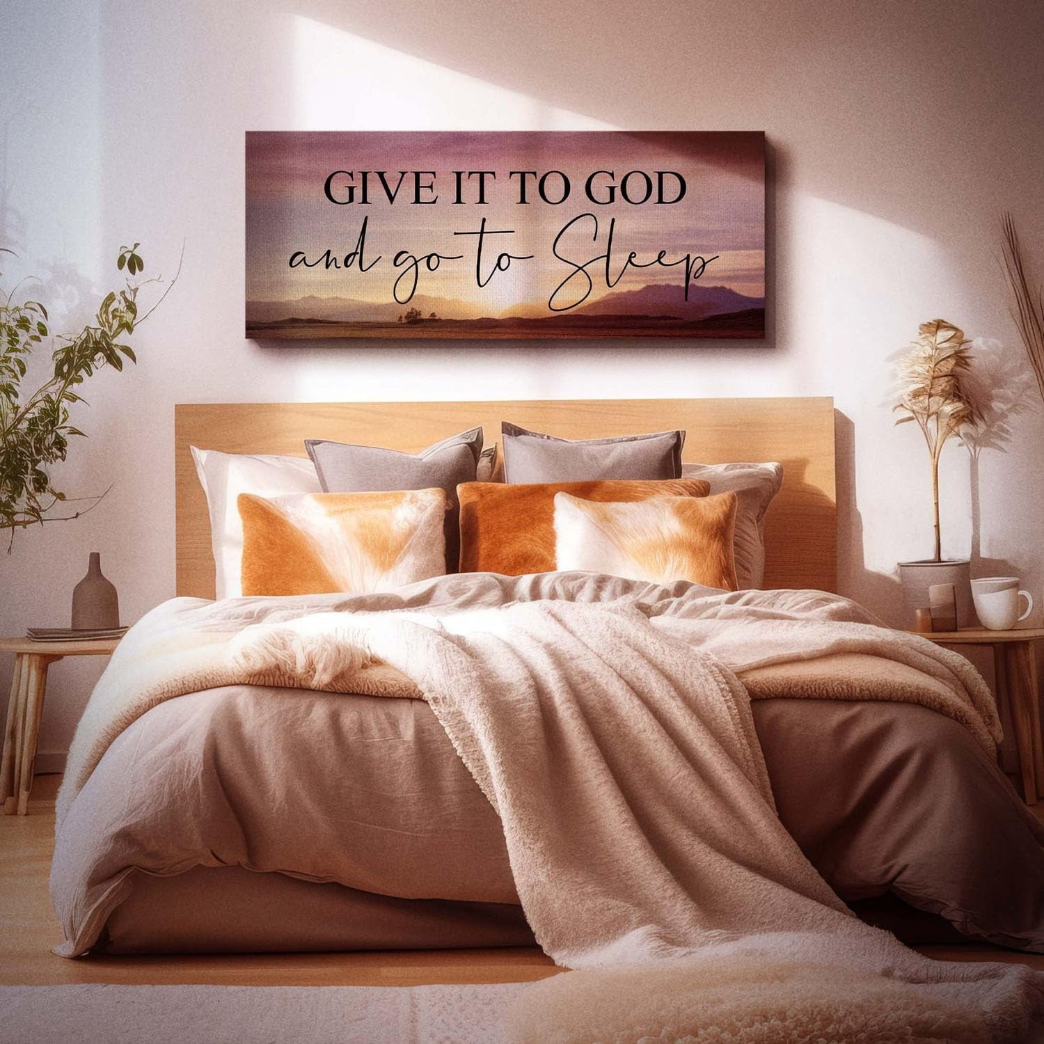 Give It To God and Go To Sleep Sign, Above Master Bed Wall Decor, Above Bed Wall Decor Canvas, Ready To Hang for Bedroom Home Wall Decor 16x40